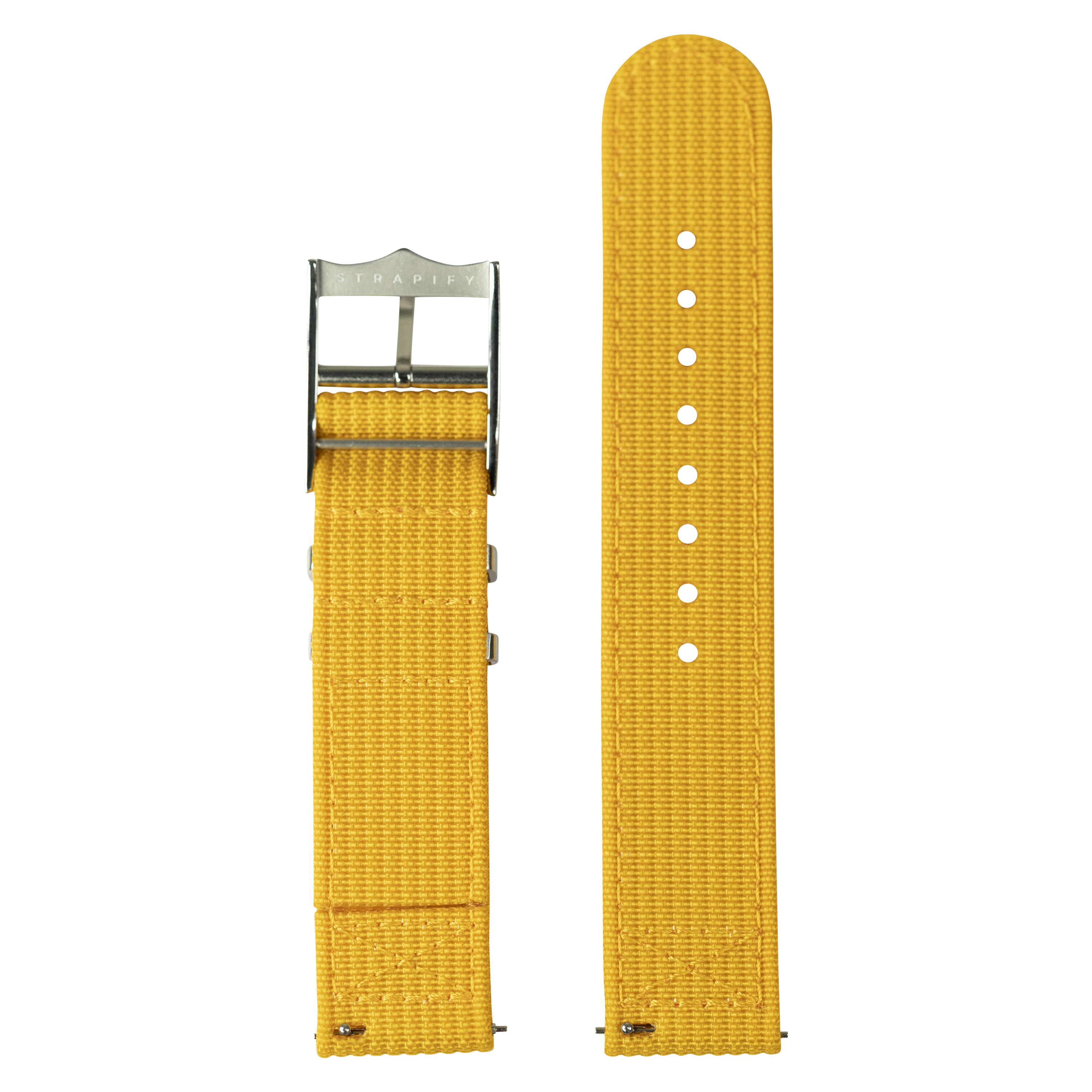 Yellow canvas quick release watch strap with metal buckle and adjustment holes