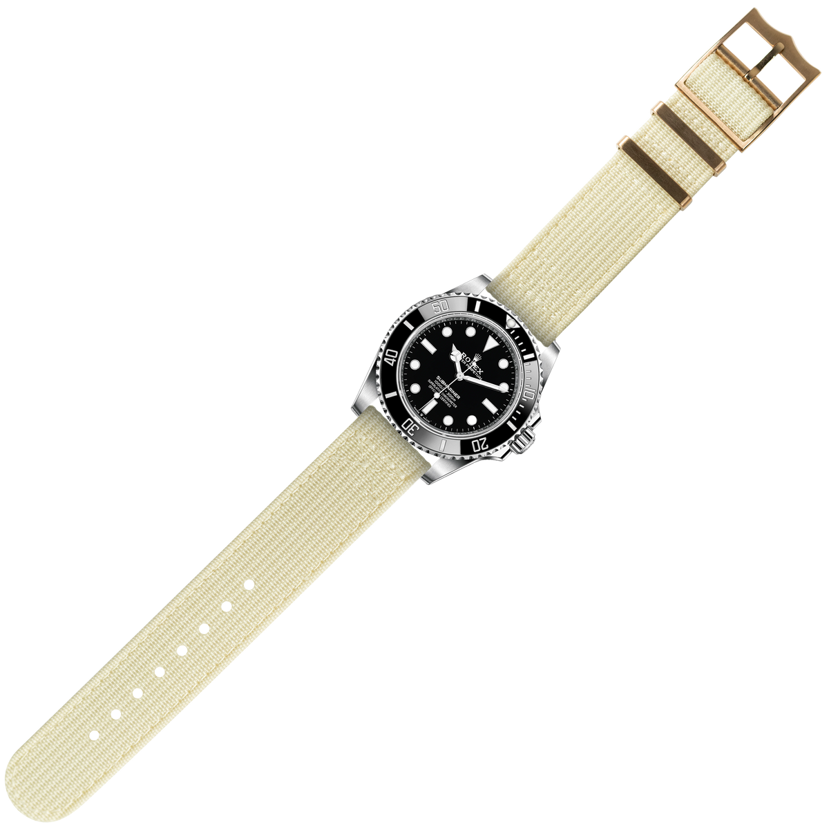 Stainless steel dive watch with black dial and beige quick release fabric strap