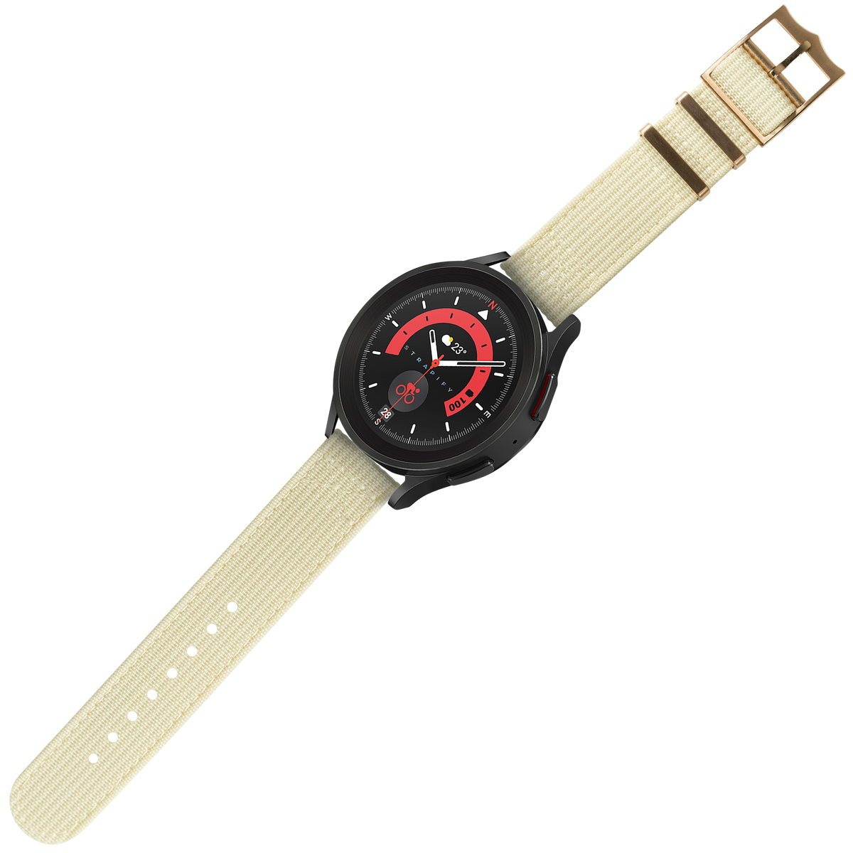 Black sports watch with red dial and beige canvas quick release strap, bronze buckle