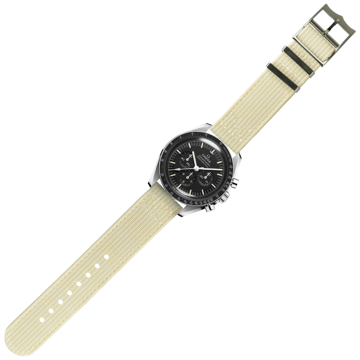 Black chronograph watch with stainless steel case and beige quick release fabric strap with metal keeper detail