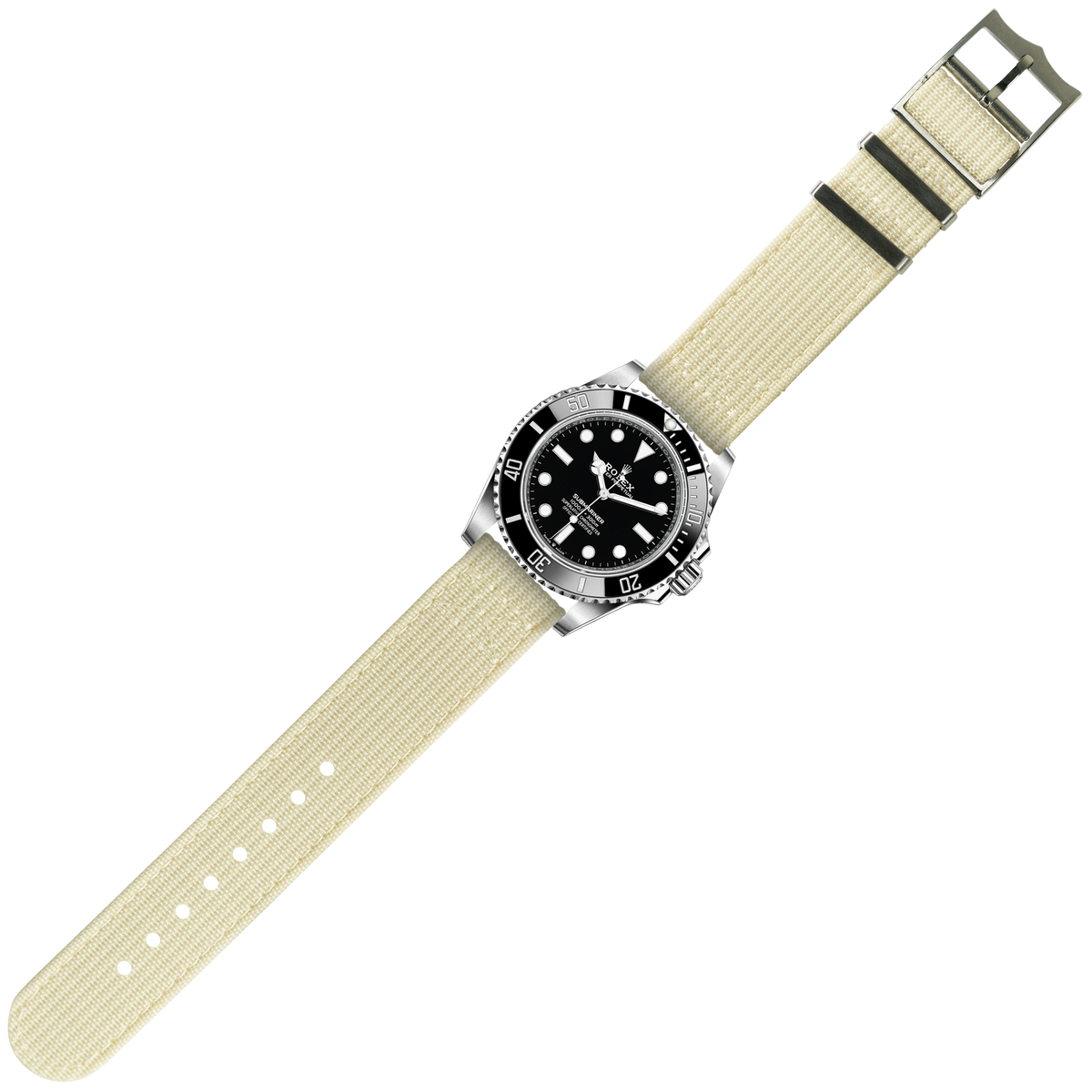 Stainless steel dive watch with black dial and bezel on quick release beige militex fabric strap
