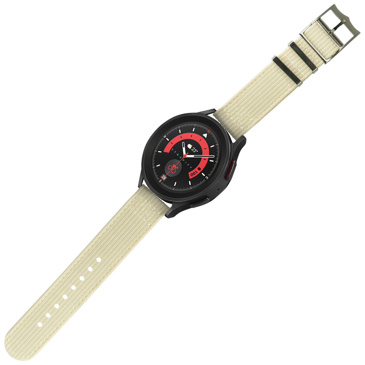 Black sports watch with red dial, beige quick-release fabric strap and gunmetal buckle