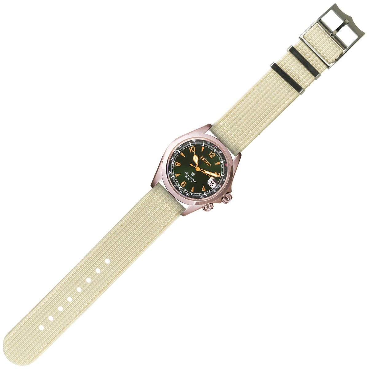 Seiko automatic tactical watch with black dial, tan canvas strap and quick release buckle
