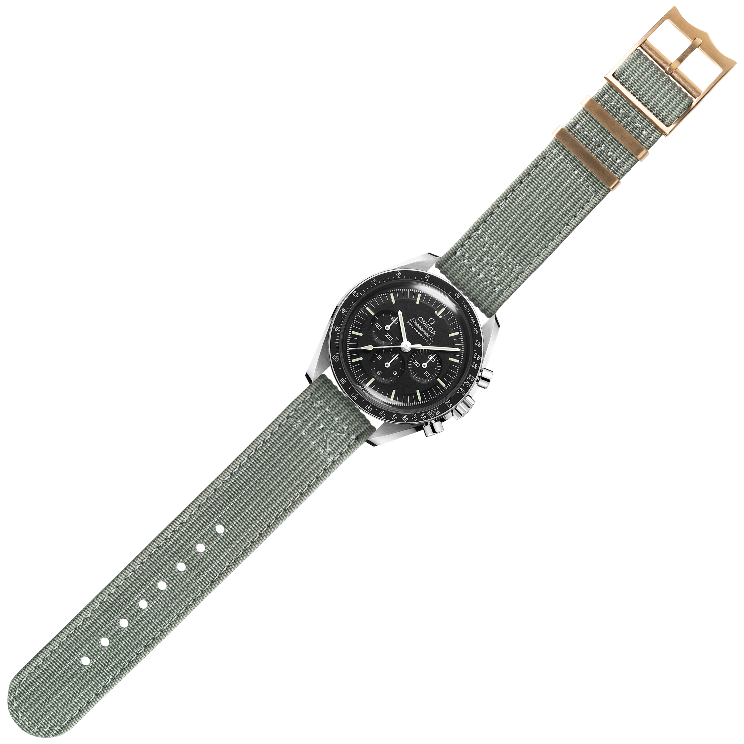 Chronograph watch with black dial and stainless steel case on grey fabric quick-release strap with bronze buckle