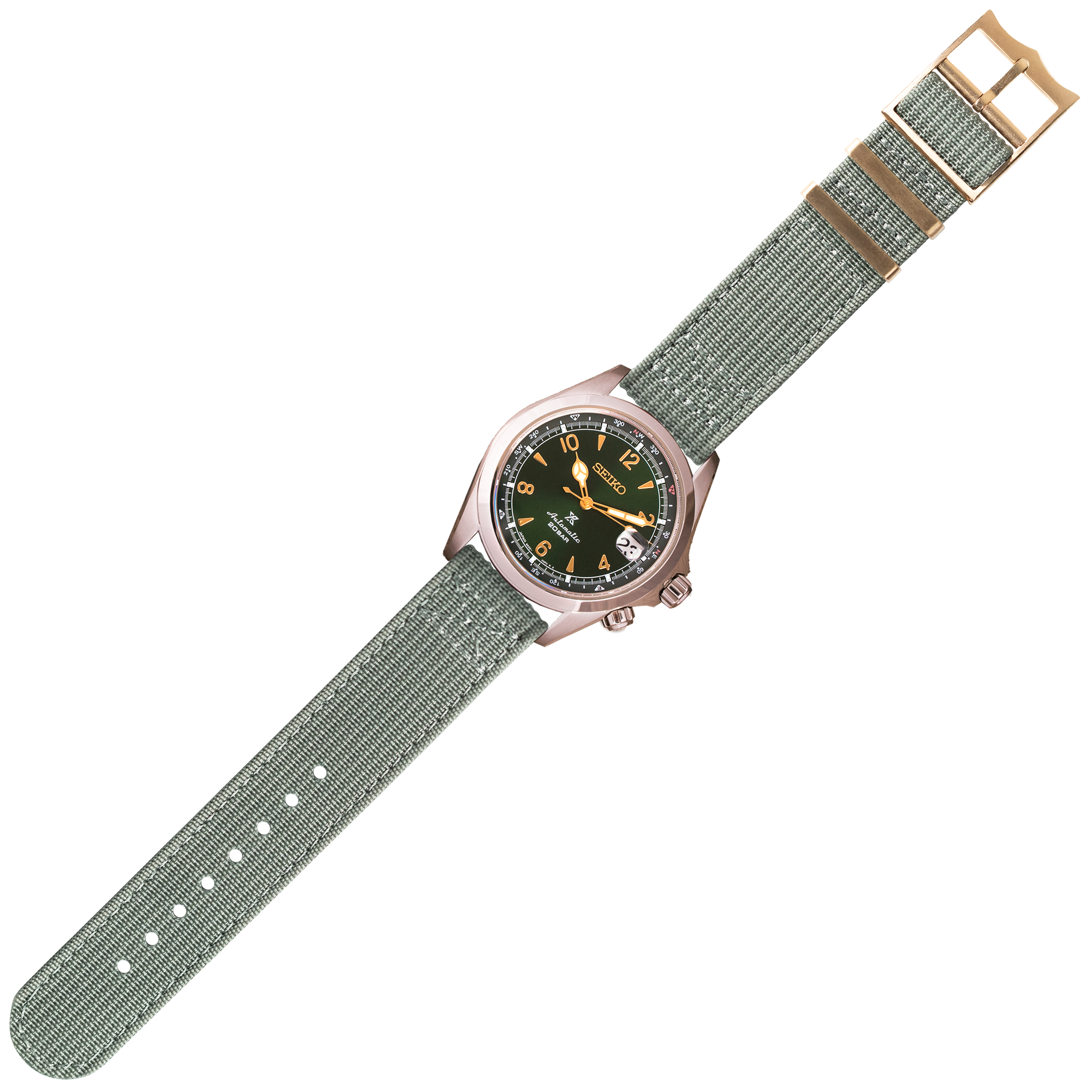 Seiko automatic watch with black dial, gold numerals and hands, rose gold case, grey fabric strap with quick release buckle