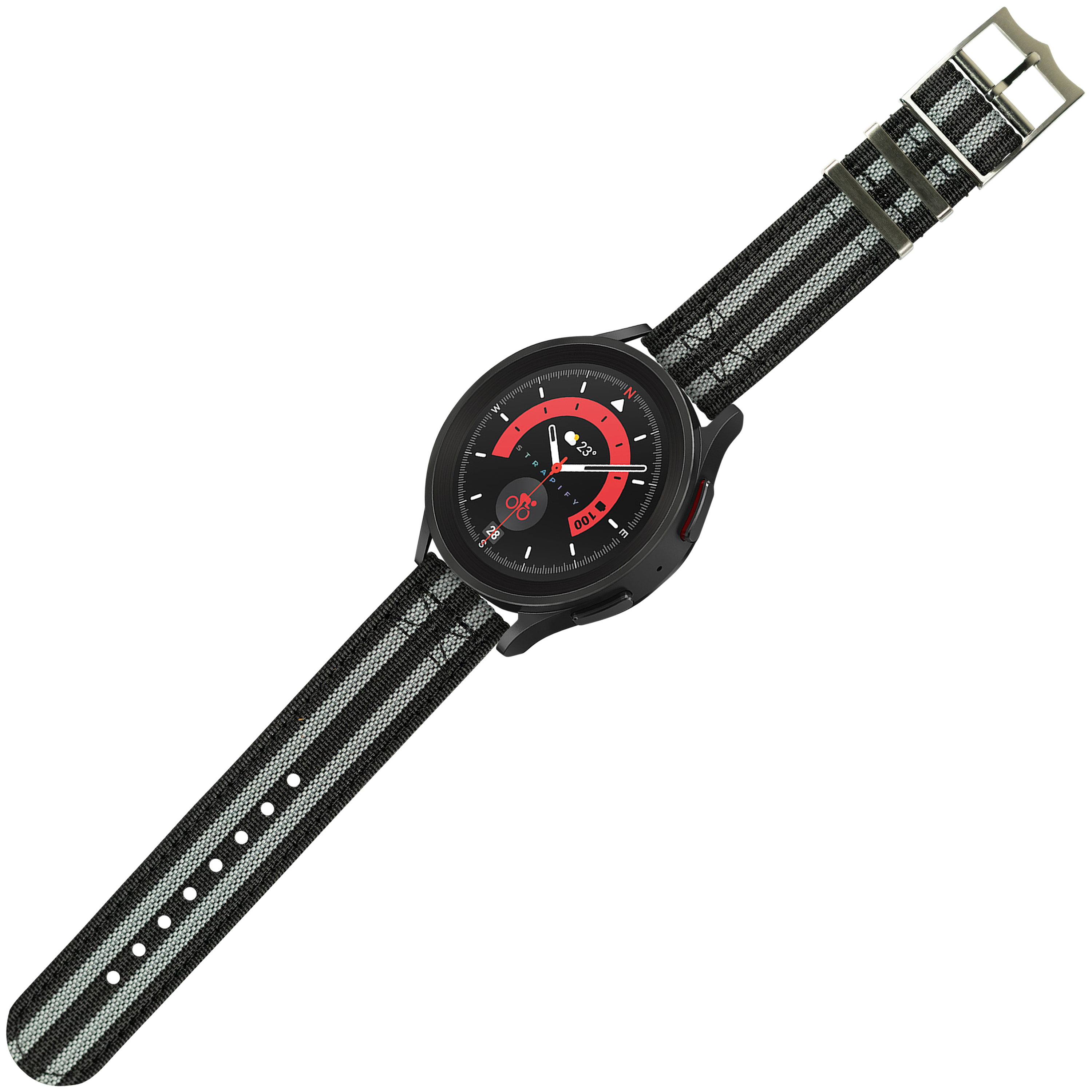 Black tactical watch with red dial, fabric strap and quick release buckle, military-style design