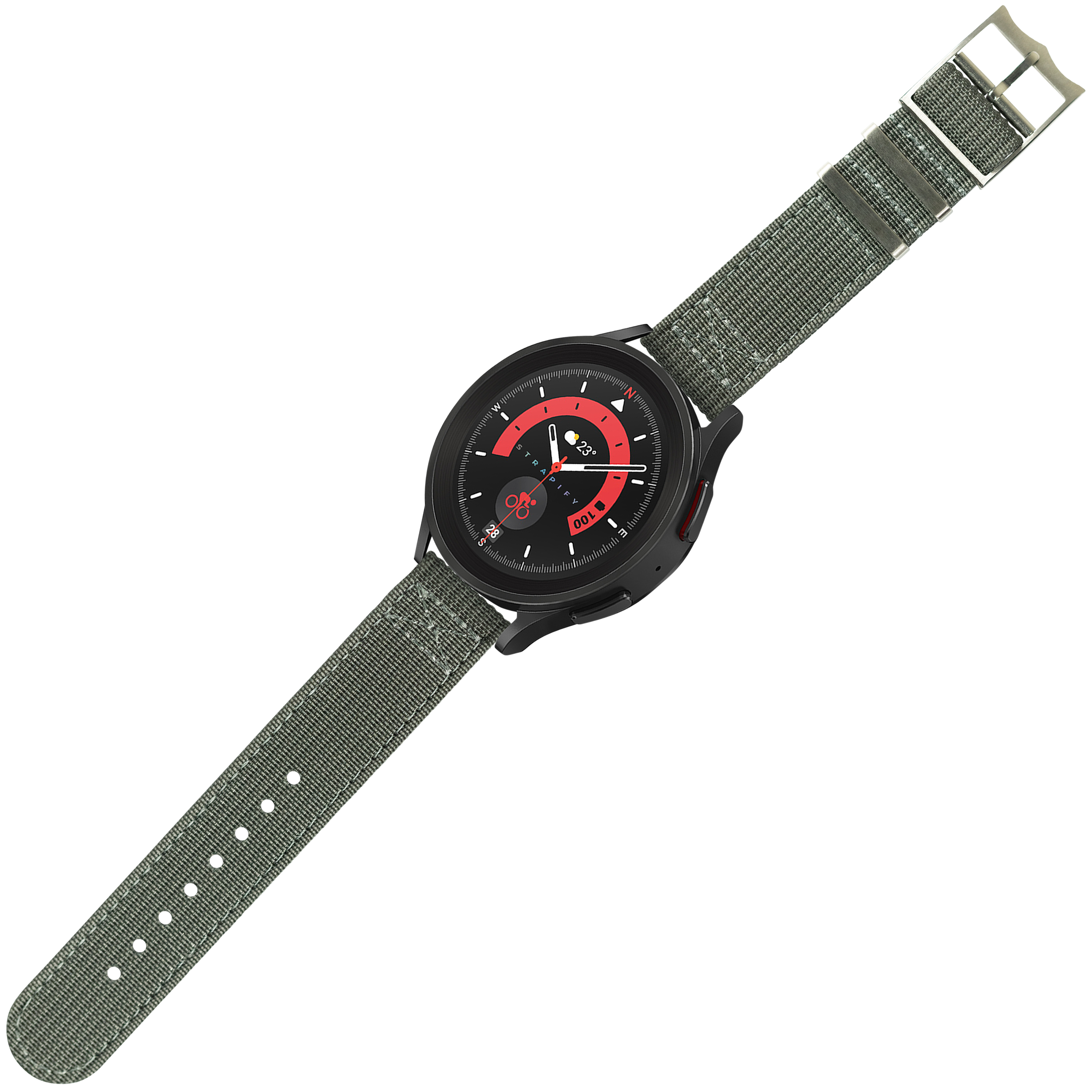 Black tactical watch with red dial, grey fabric strap and quick release buckle for military wrist wear