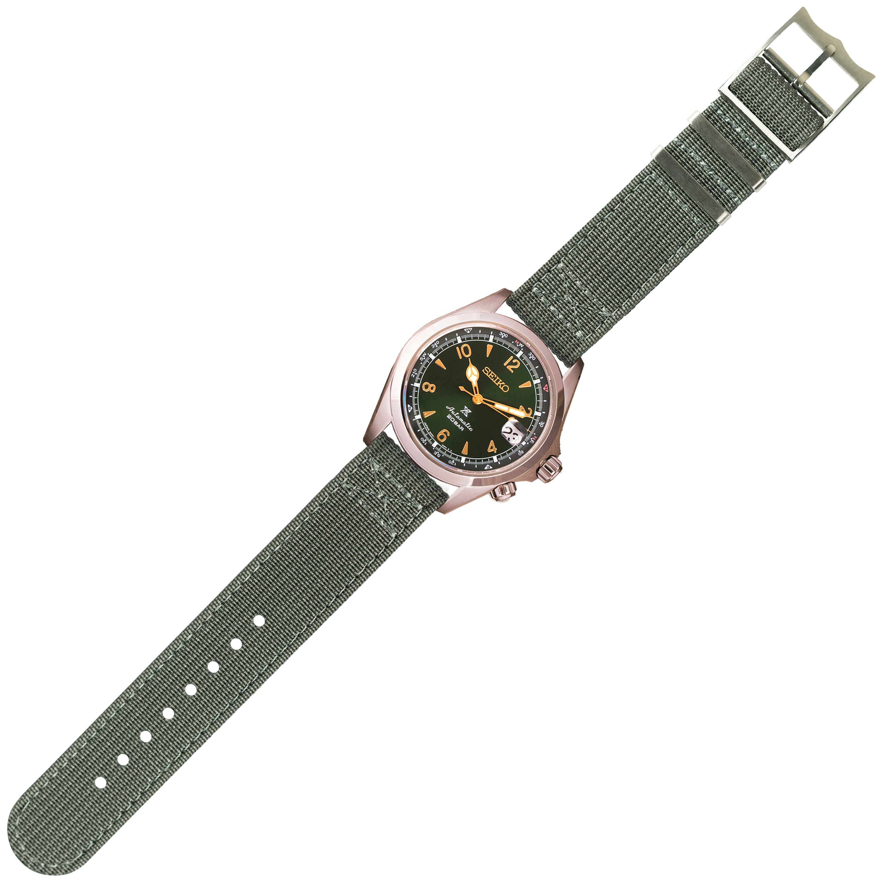 Seiko military watch with dark green dial, gold accents, and grey fabric quick-release strap with buckle