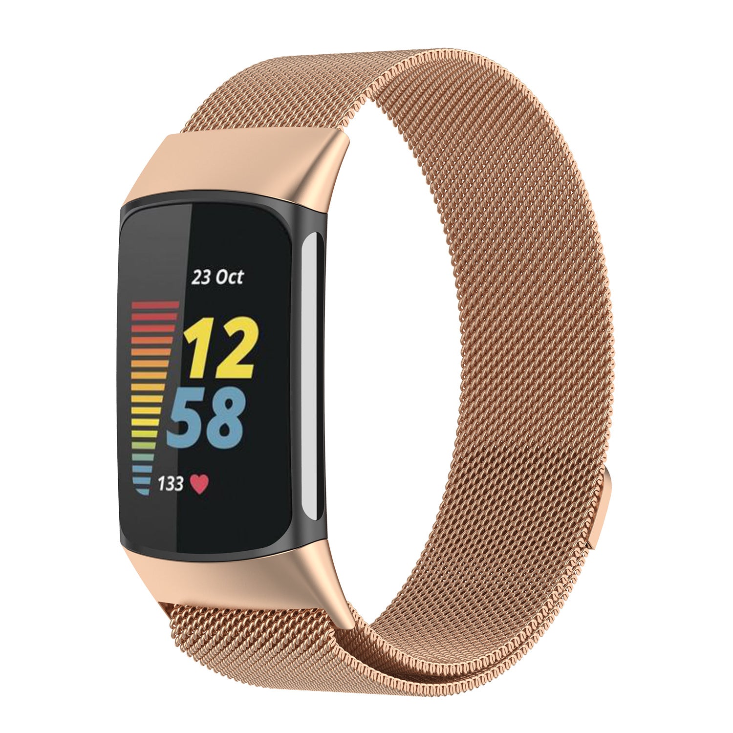 Rose gold Milanese mesh band fitness tracker with heart rate display and time shown on curved screen