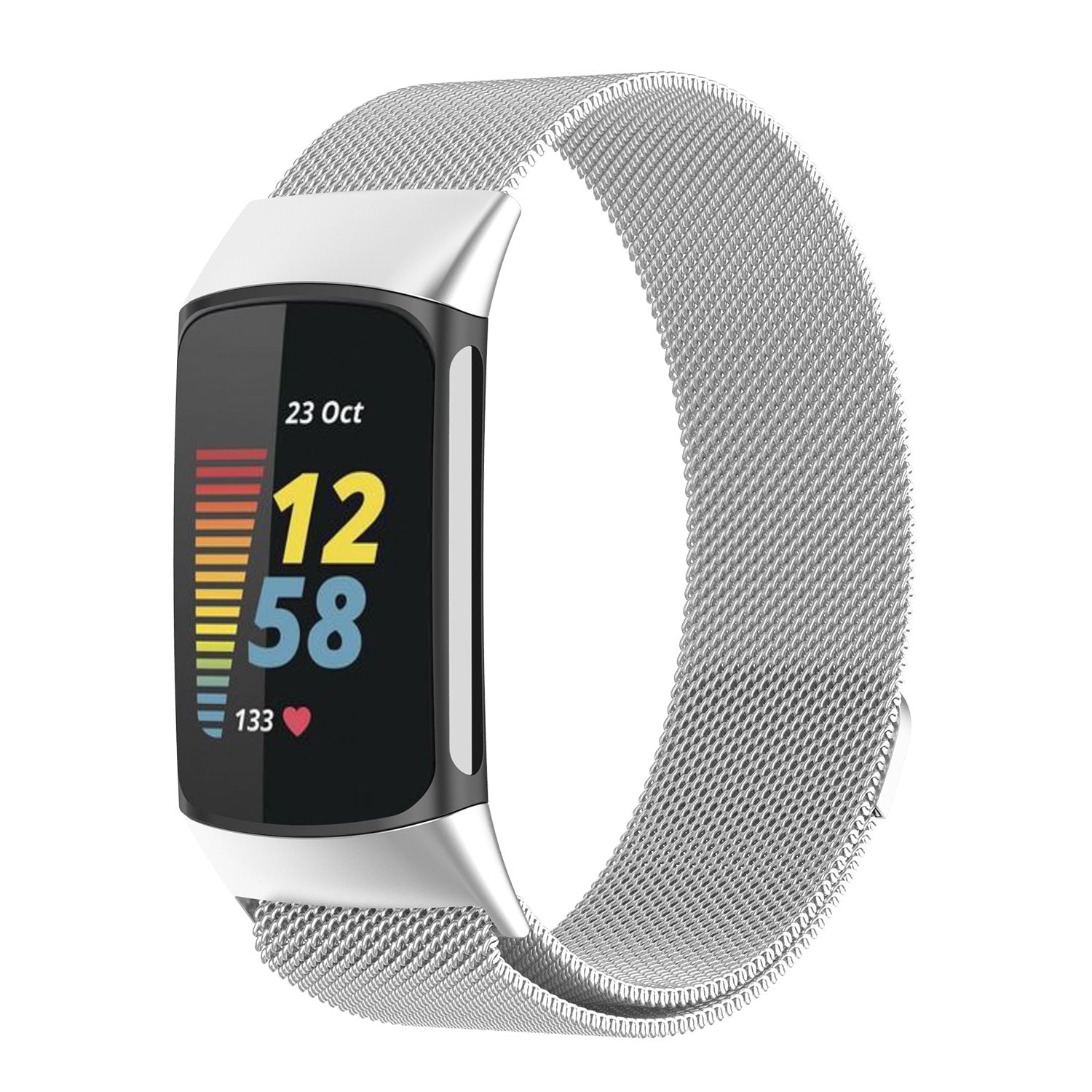 Silver stainless steel Milanese mesh band fitness tracker with color display showing time, date, and heart rate metrics