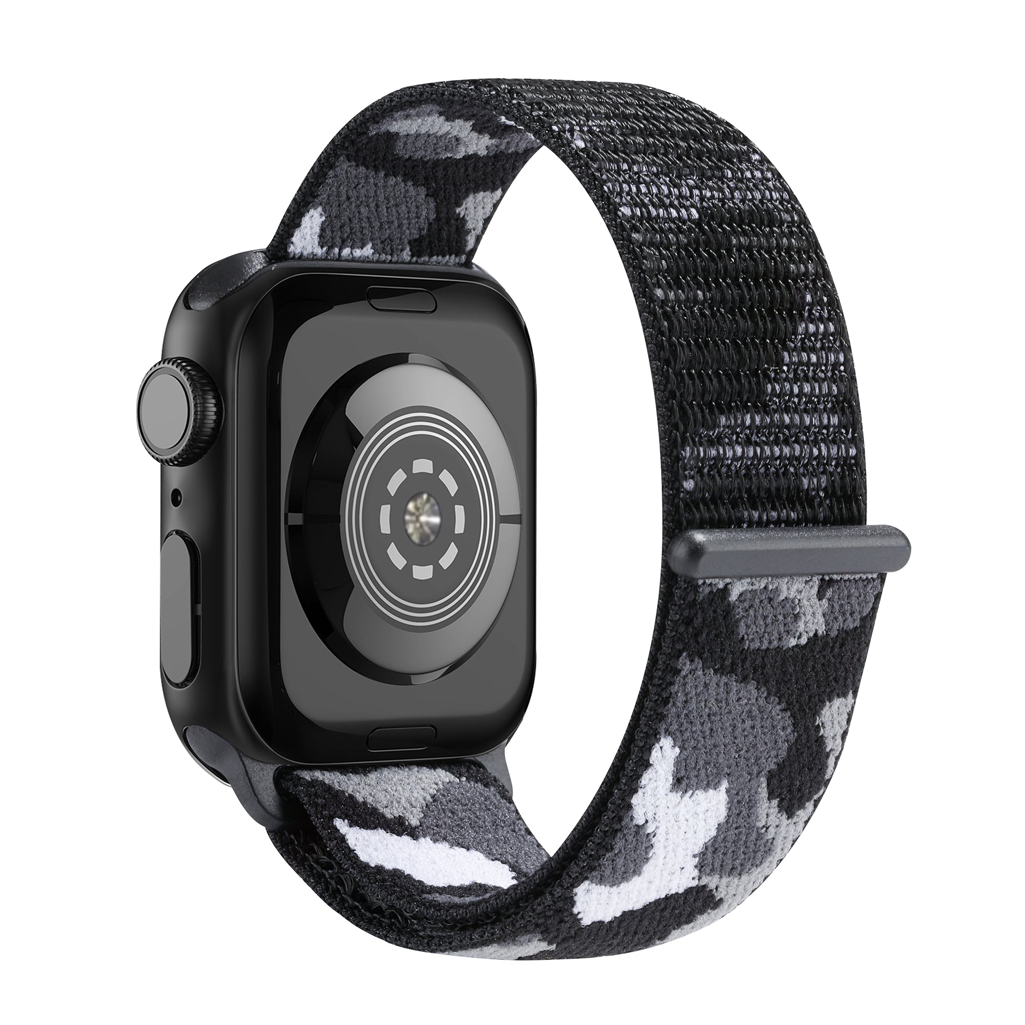 Black and white camouflage sports loop velcro band for smartwatch with secure closure and breathable mesh design