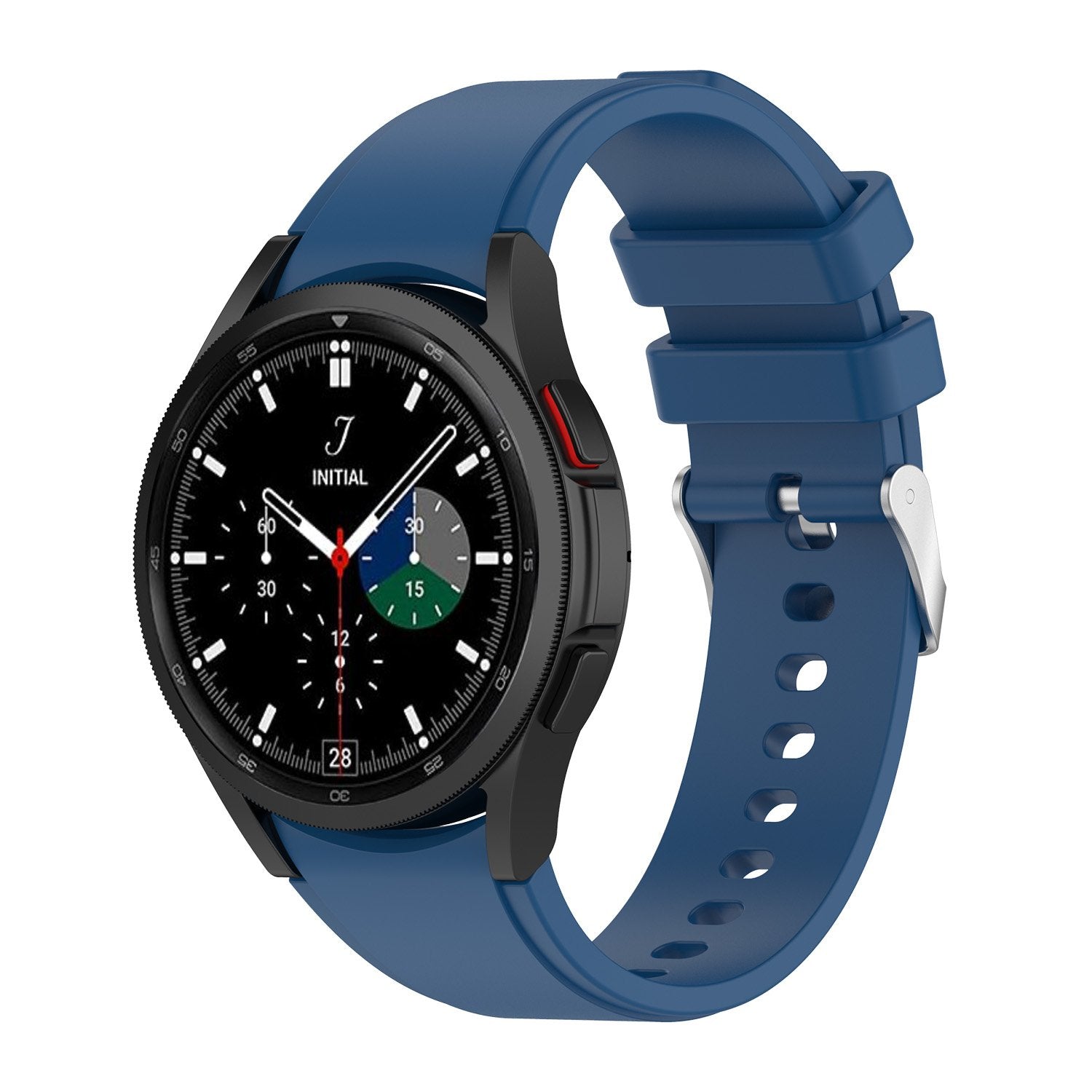 Initial smartwatch with black dial, chronograph subdials, and blue silicone gapless flexi band with silver buckle