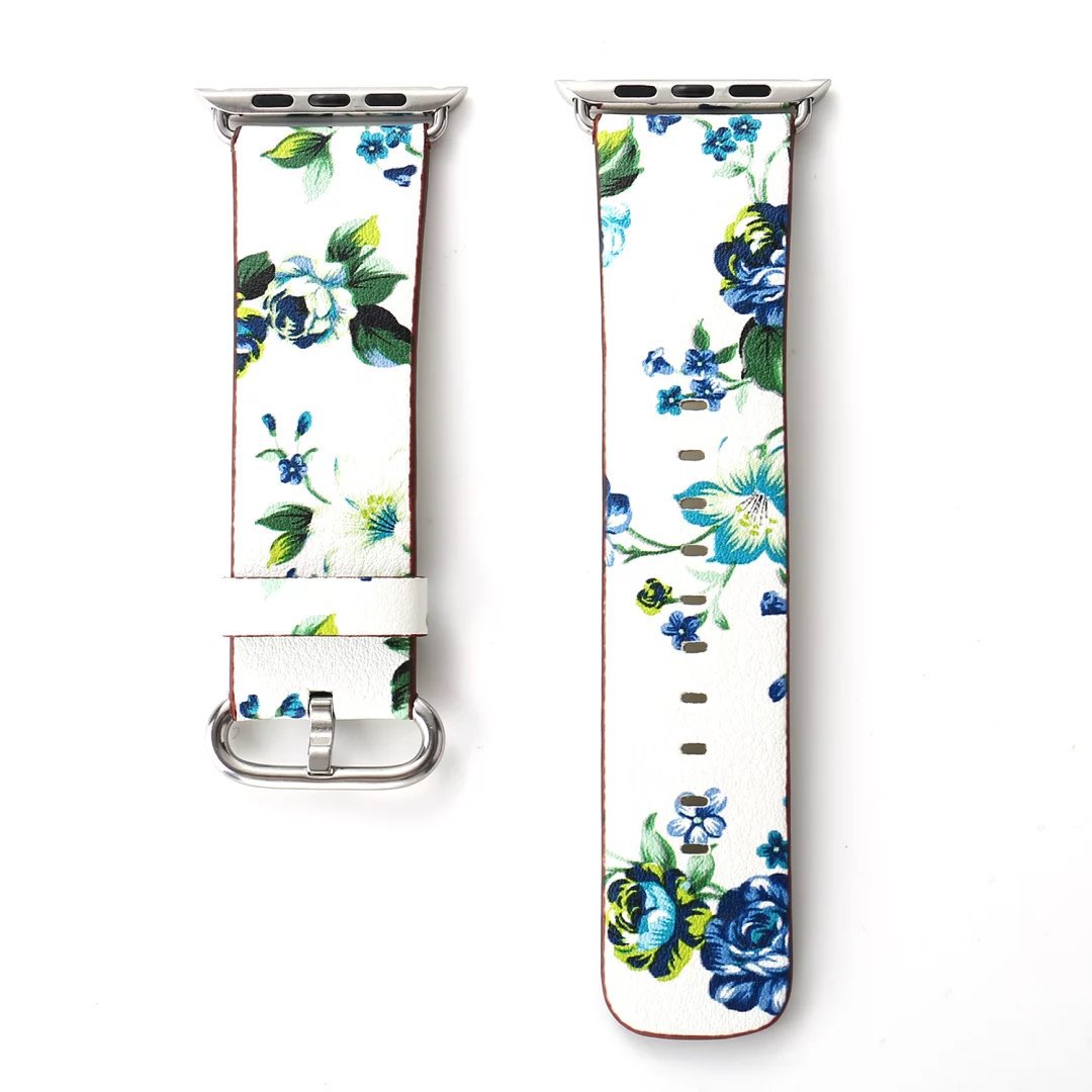White floral leather Apple Watch band with blue roses, yellow flowers and green leaves design