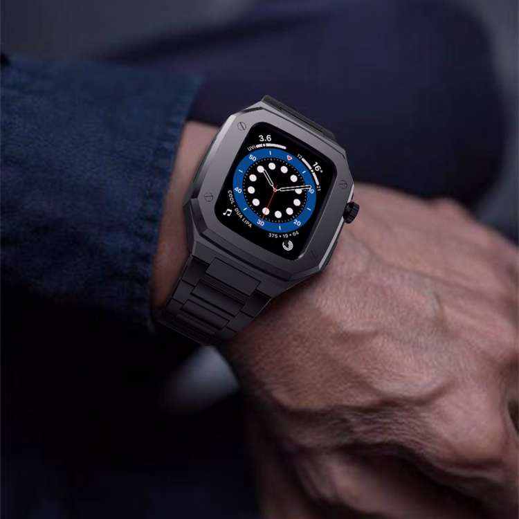 Black steel luxury smartwatch with blue dial and digital display on man's wrist, modern timepiece with metal band