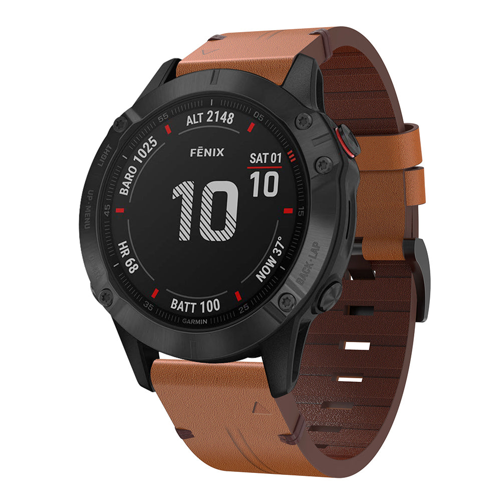 Fenix 6X Pro smartwatch with black dial and tan leather QuickFit band displaying altitude and battery metrics