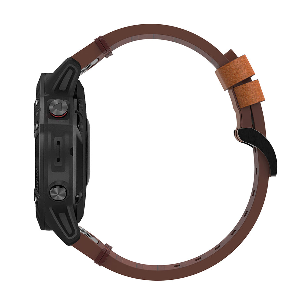 Black smartwatch with dark brown leather QuickFit band featuring tan suede accents and adjustable straps