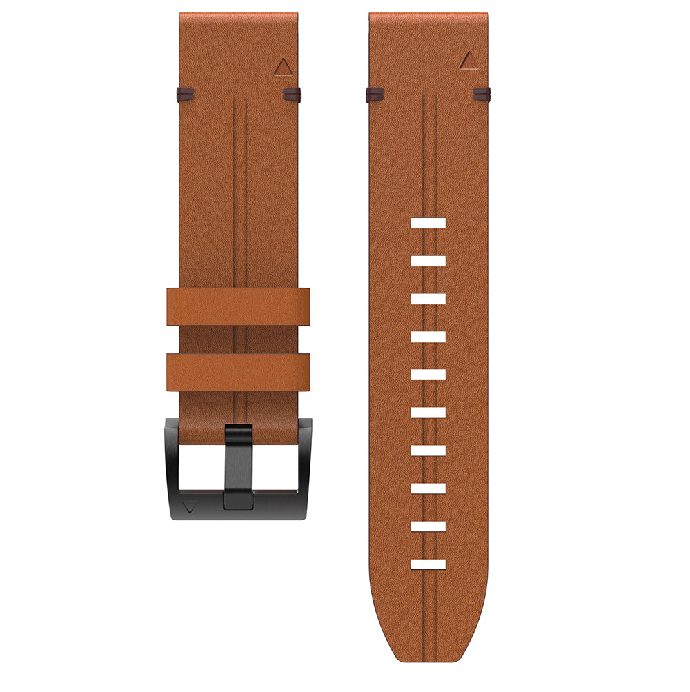 Tan leather watch band with white stitching, black buckle, and quick-fit release system for easy attachment