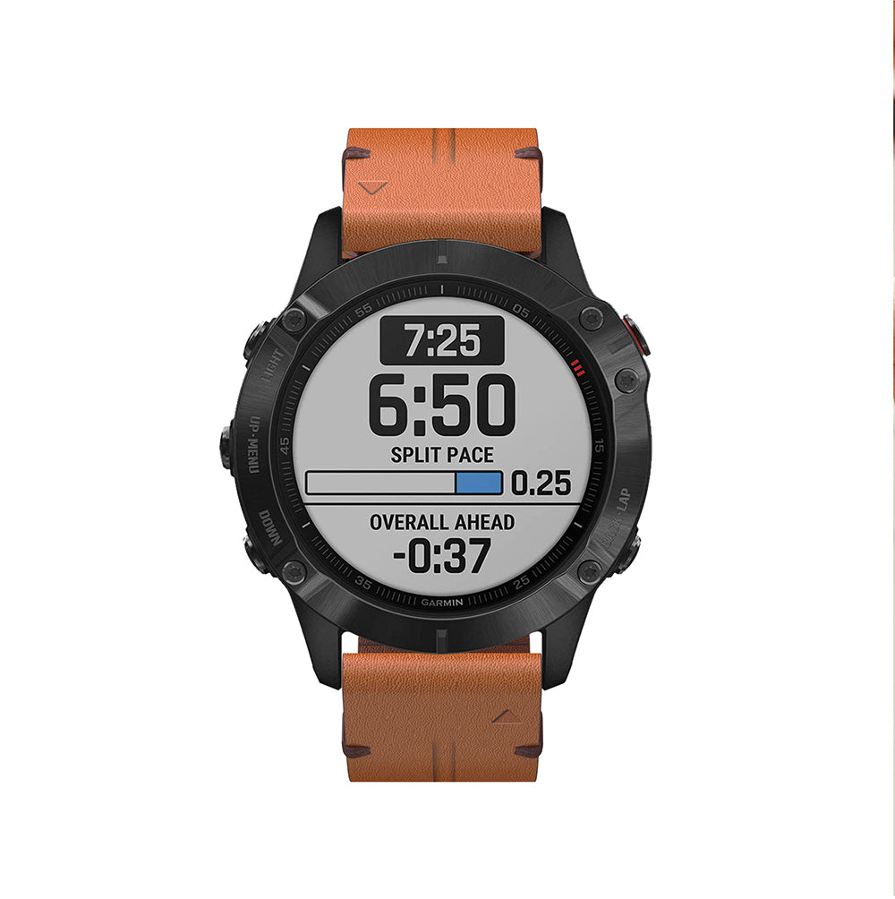 Garmin sports watch with black case and tan leather band displaying running metrics including split pace and overall time