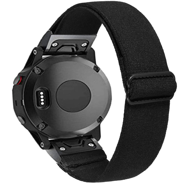 Black elastic weave QuickFit watch band with reinforced adjustment strap for Garmin smartwatch