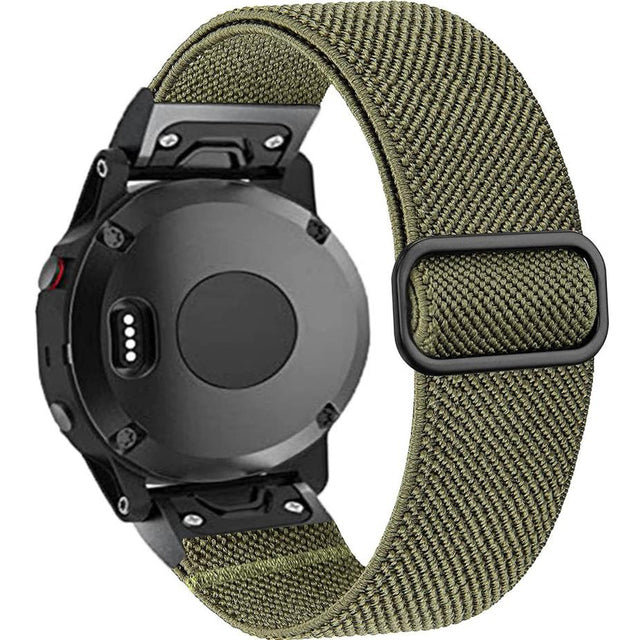 Olive green elastic loop smartwatch band with quick-fit connector and adjustable weaved nylon strap for Garmin sports watches