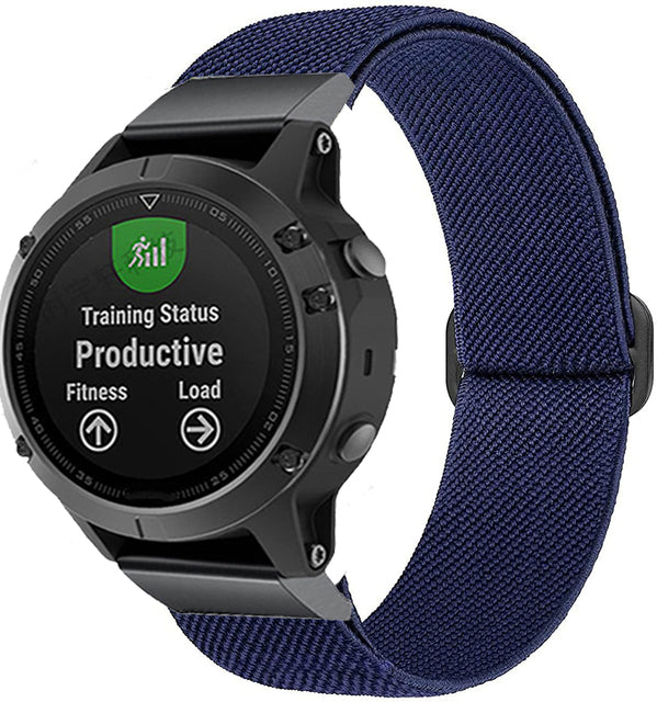 Black sports smartwatch with training status display and navy blue elastic weave band strap