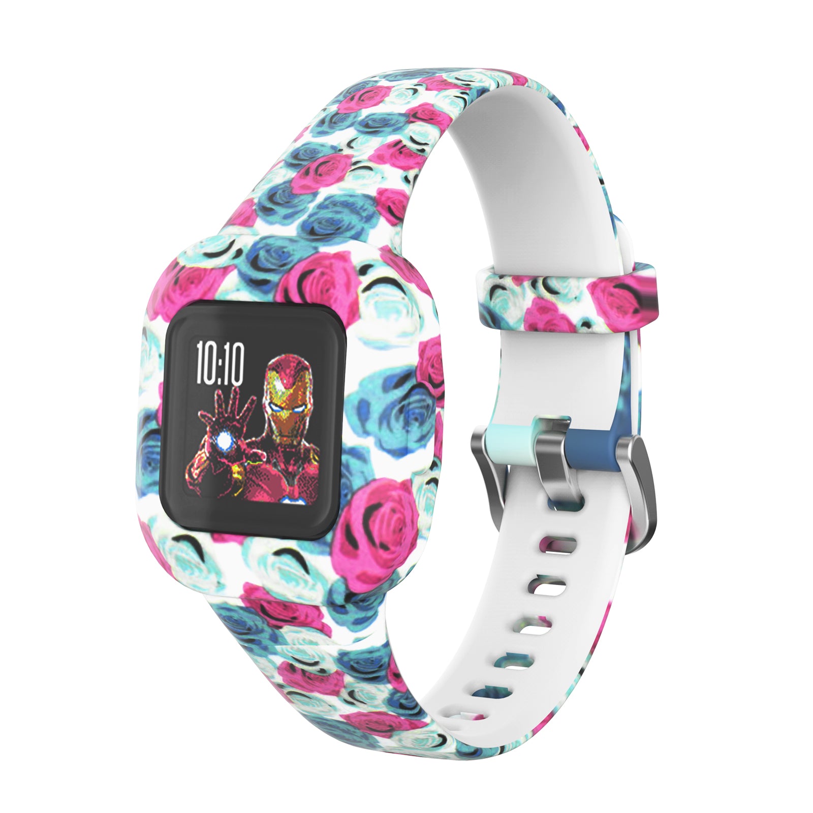 Colorful floral smartwatch band for kids featuring pink and blue roses with white silicone strap and metal buckle