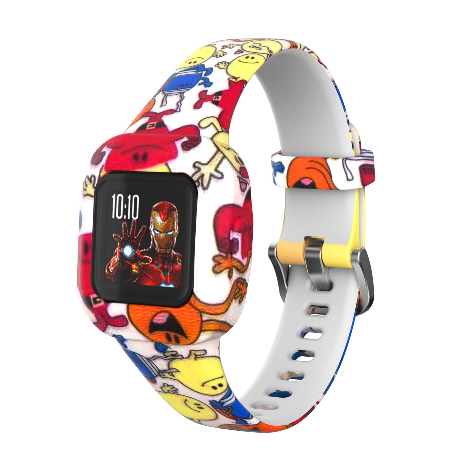 Colorful kids smartwatch with superhero character design, digital display, and silicone band with adventure-themed graphics