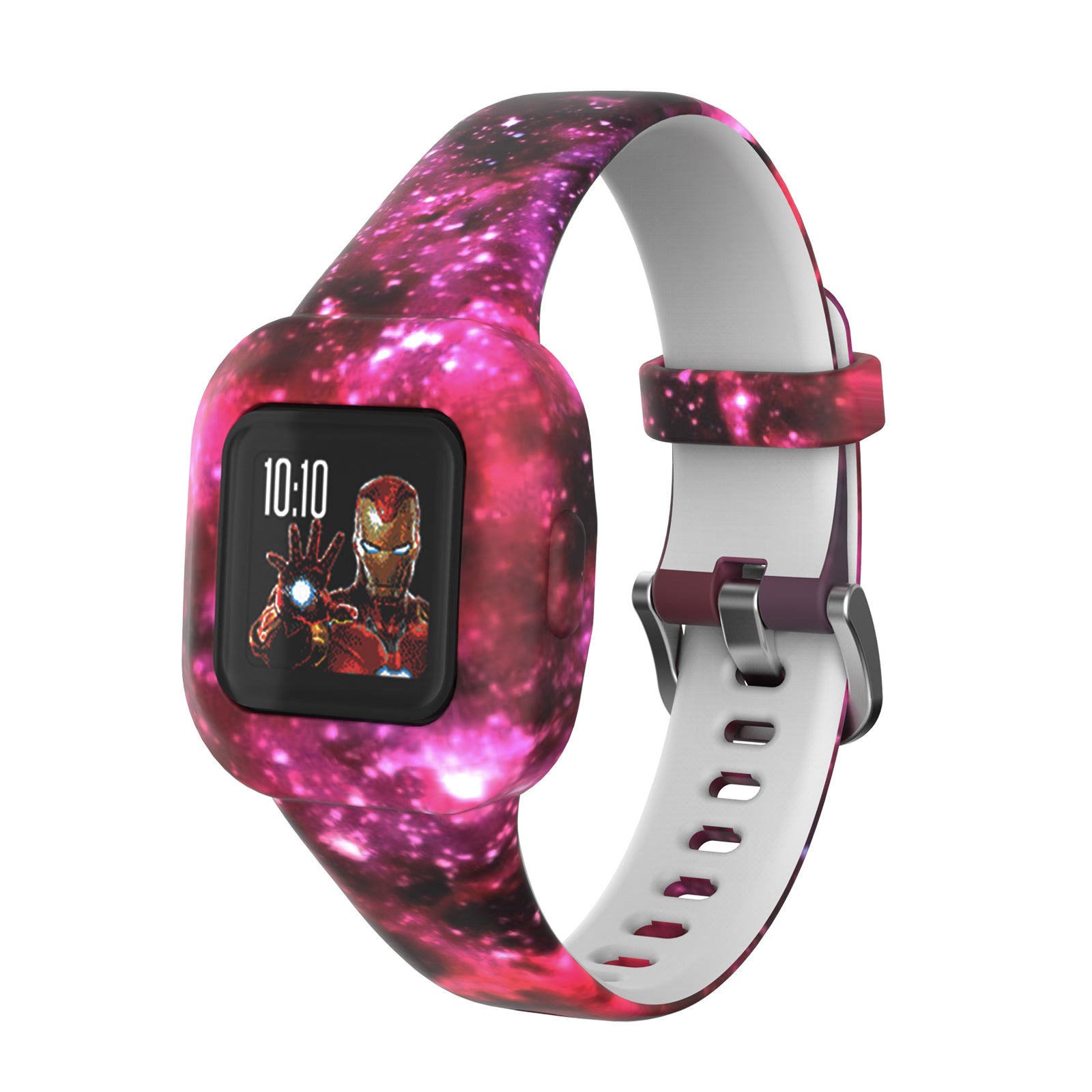 Pink glitter smartwatch for kids with Iron Man display and white silicone band