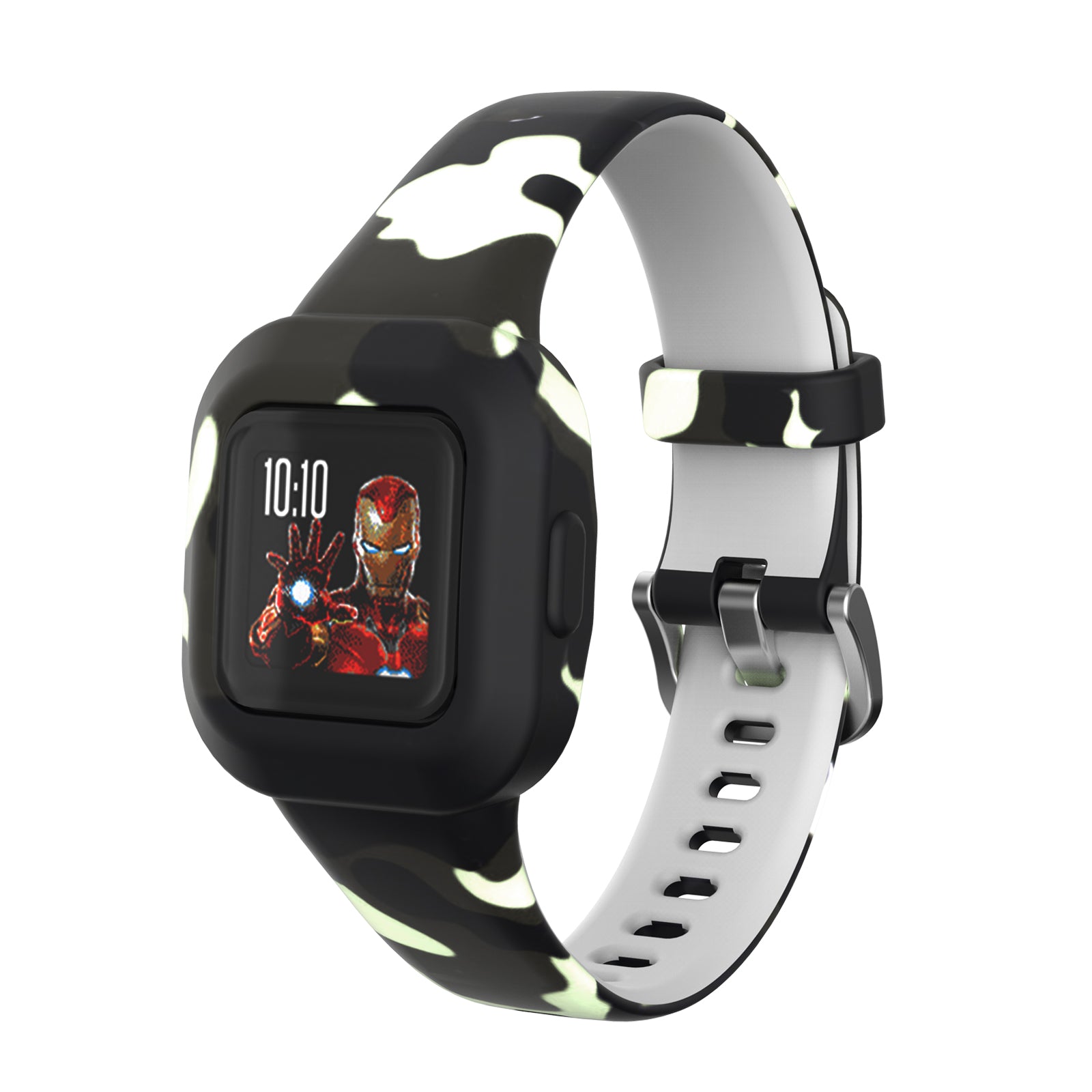Kids smartwatch with black and white silicone band displaying superhero character on square screen, activity tracker with adjustable strap