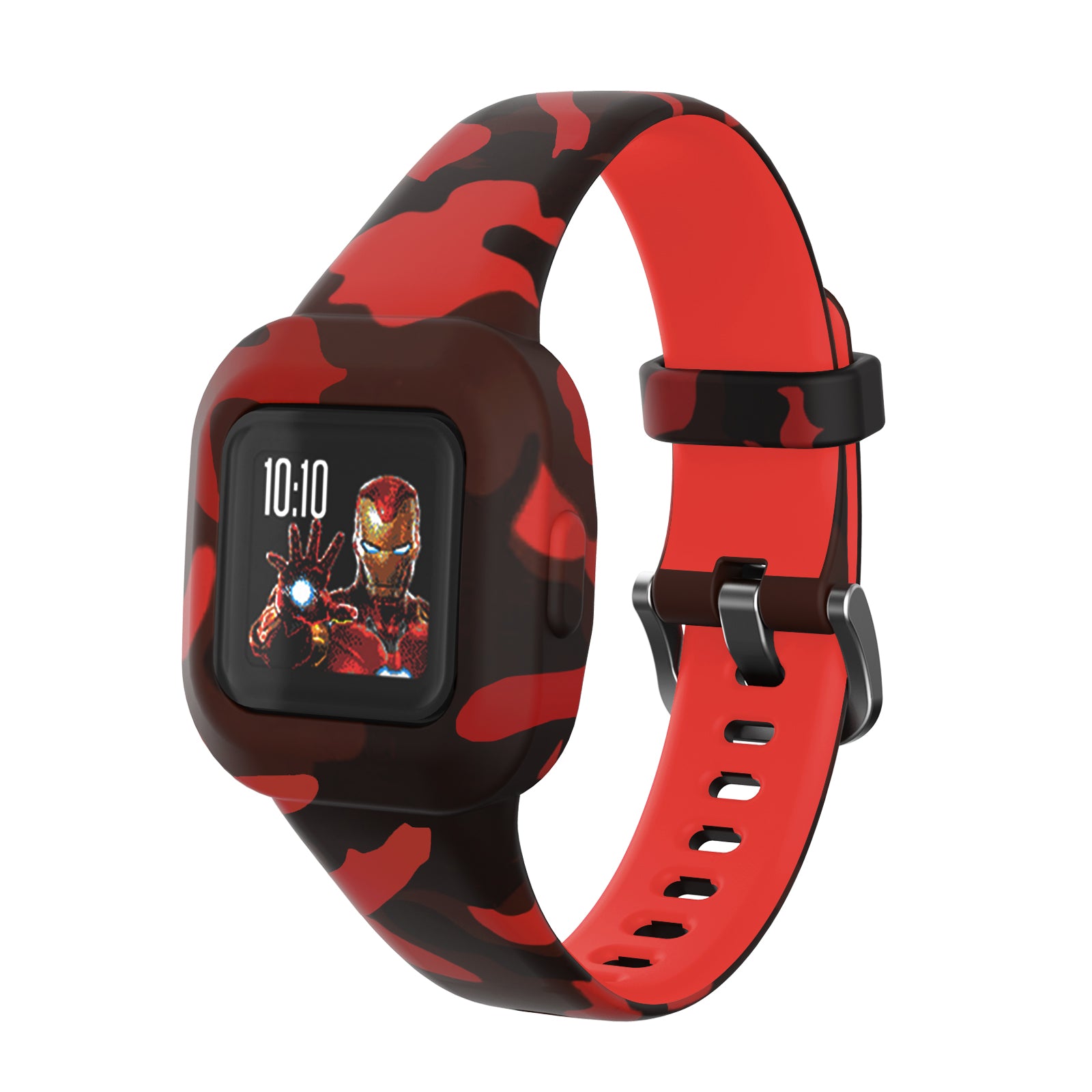 Red and black camouflage kids smartwatch with iron man character display and silicone band with buckle closure