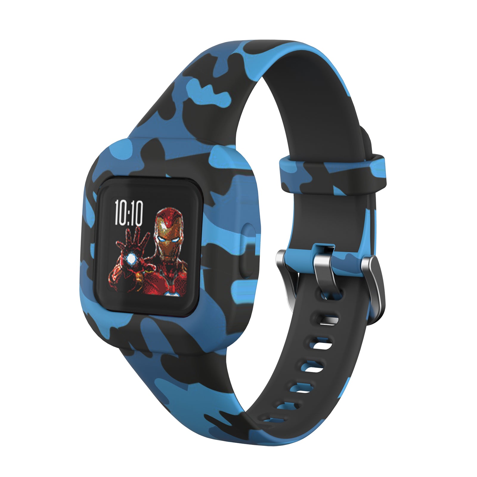 Blue and black camouflage kids smartwatch with character display and adjustable silicone band