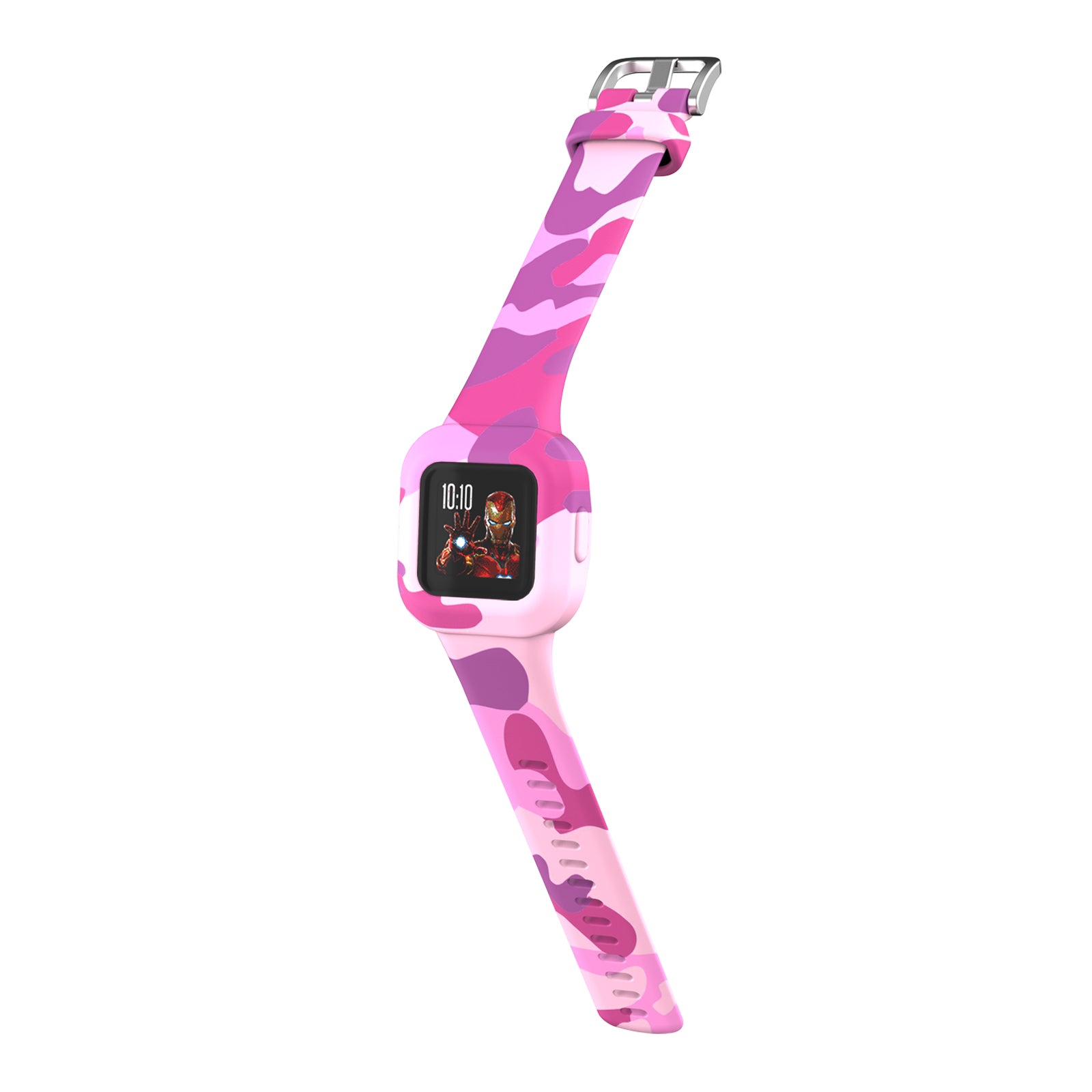 Pink camo silicone smartwatch band with metal buckle for kids' fitness tracker, featuring adjustable strap design
