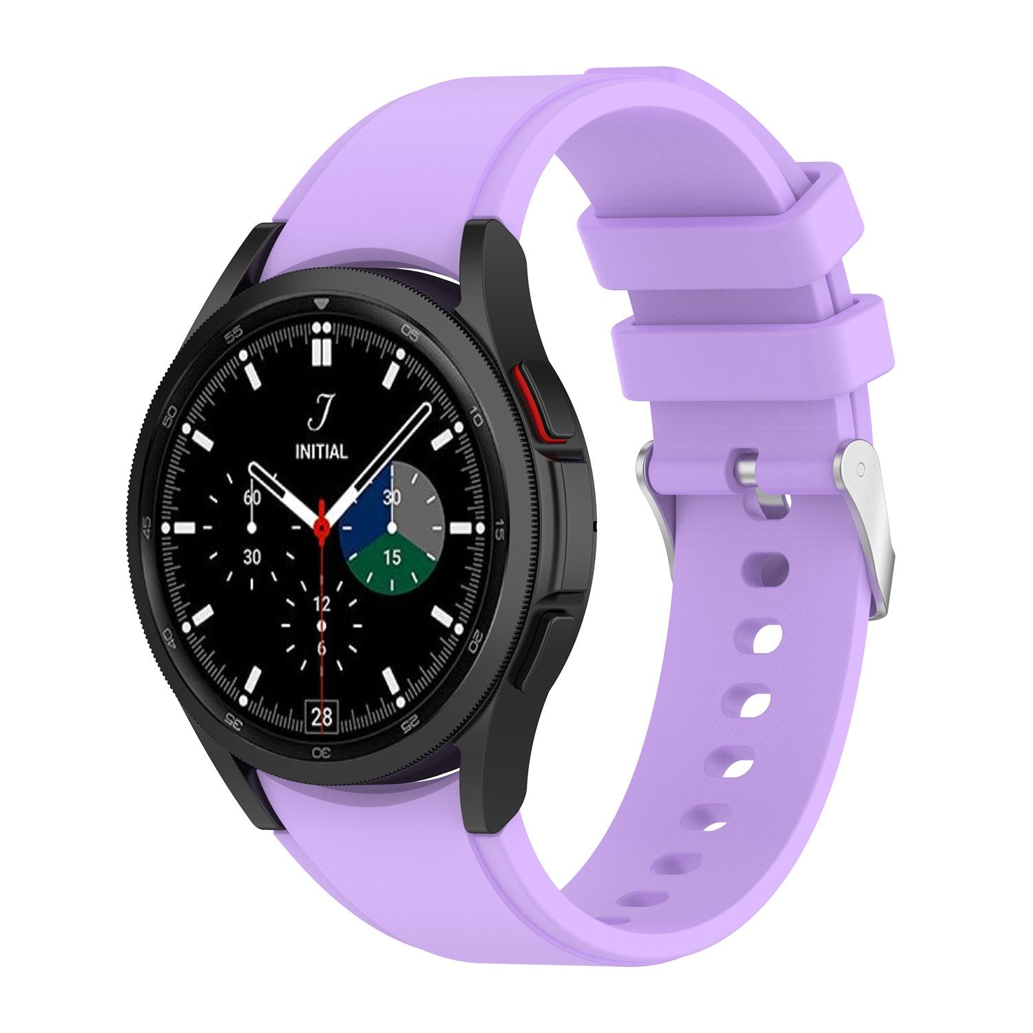 Black smartwatch with Initial dial and purple silicone sport band with adjustable buckle closure