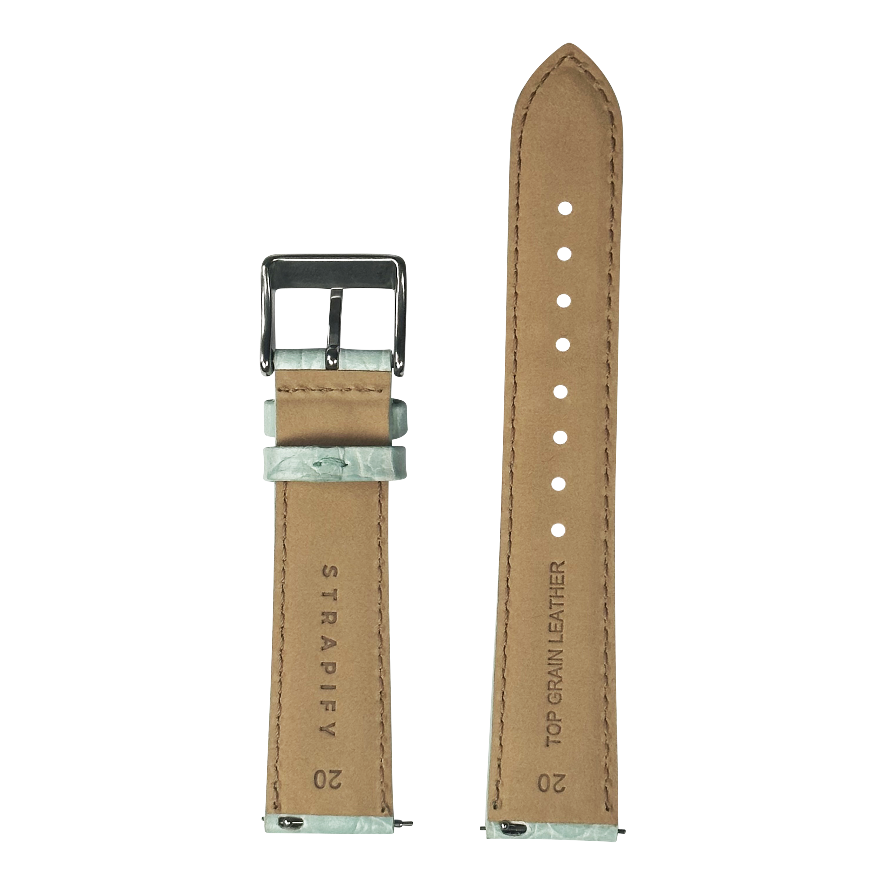 Quick release alligator leather watch strap in light tiffany blue with metal buckle and stitched edges