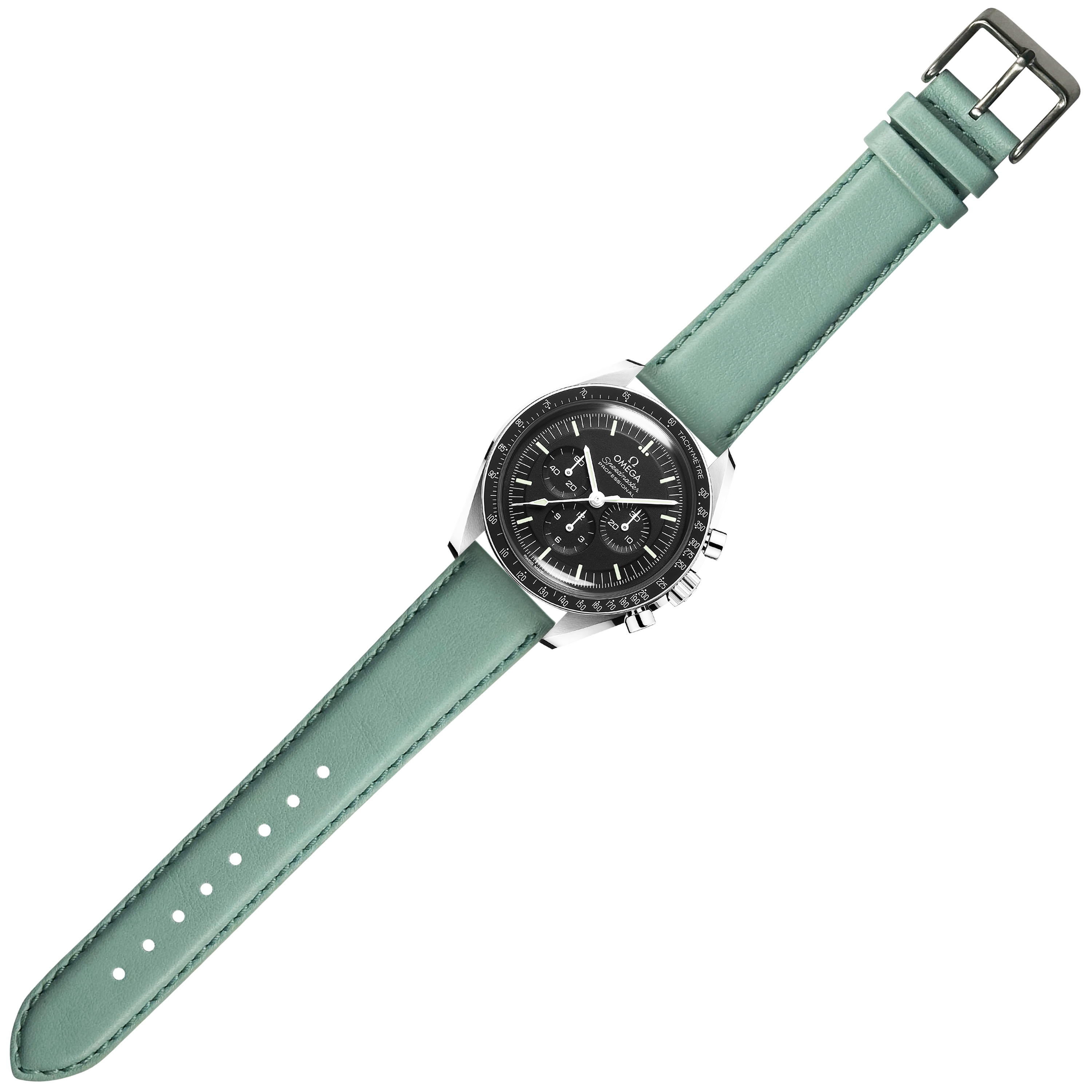 Stainless steel chronograph watch with black dial and light tiffany blue padded leather quick release strap