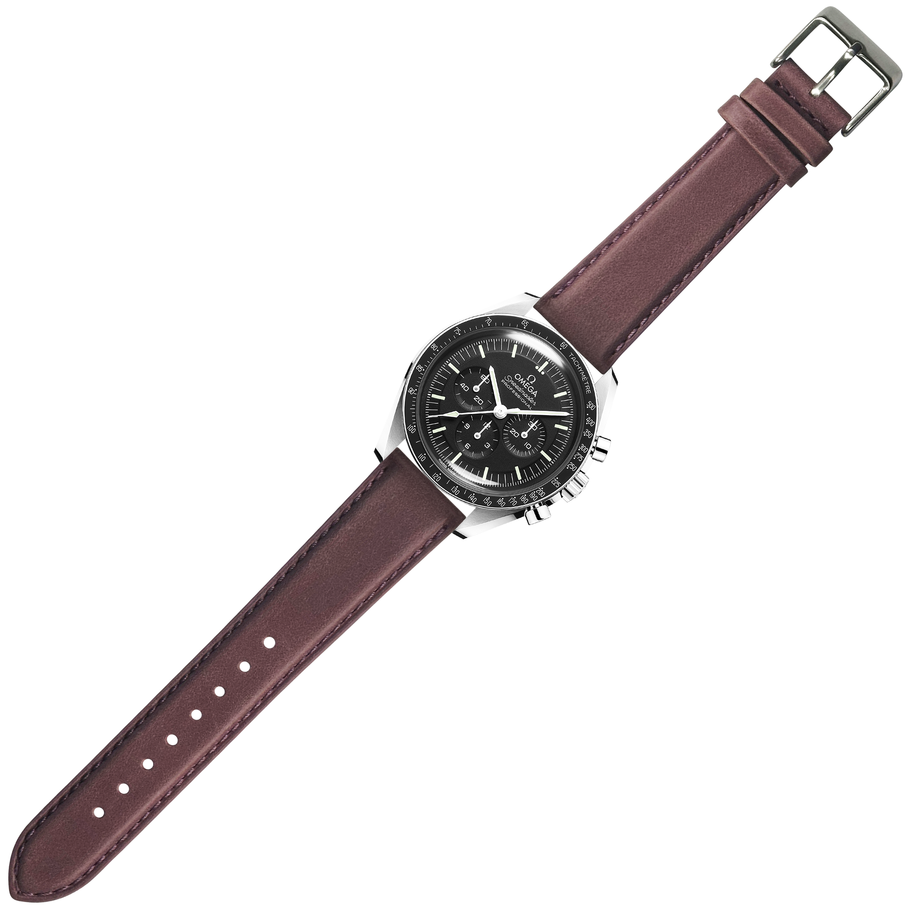 Men's chronograph watch with black dial and stainless steel case on mauve padded leather quick release strap
