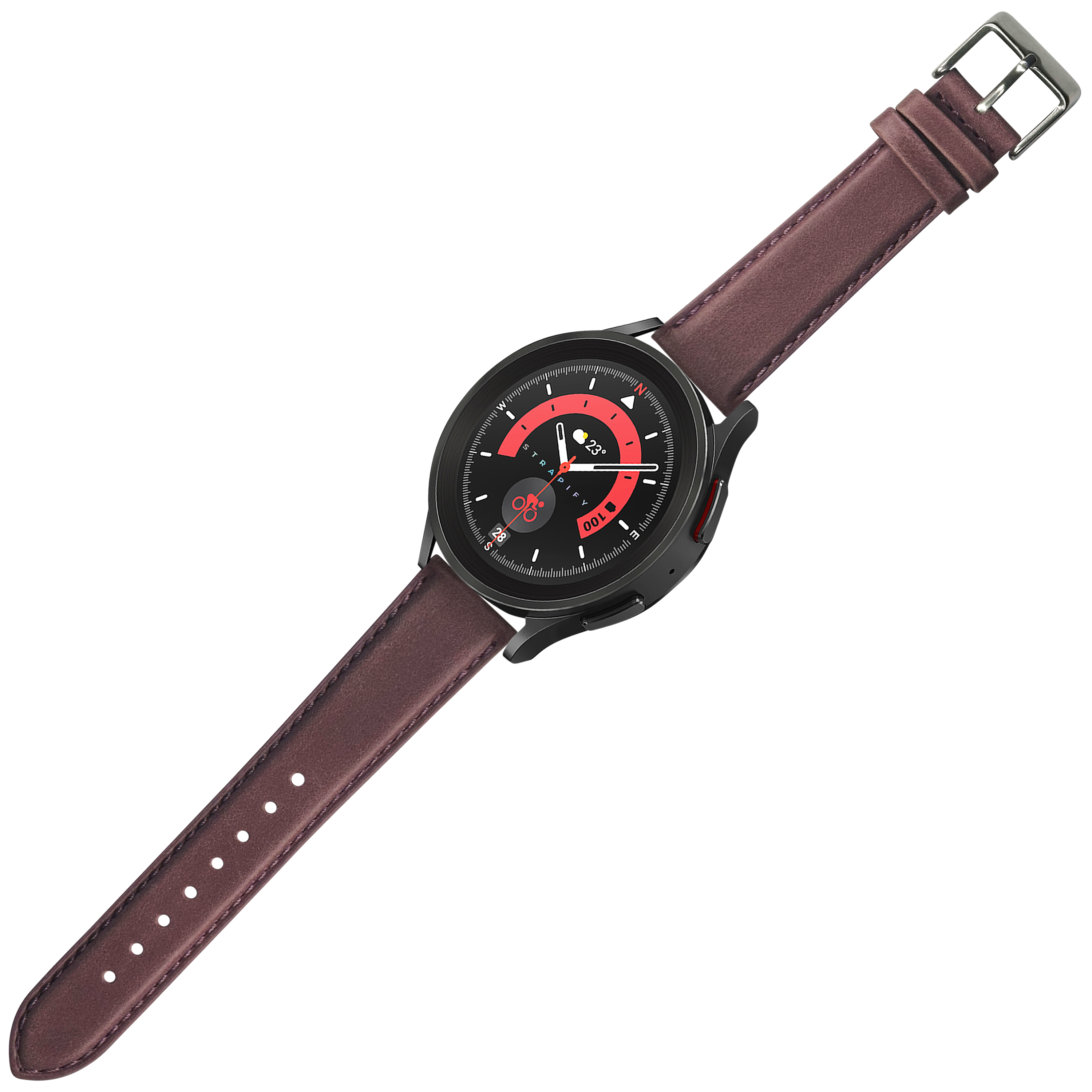 Black smartwatch with red dial and mauve padded leather quick release strap