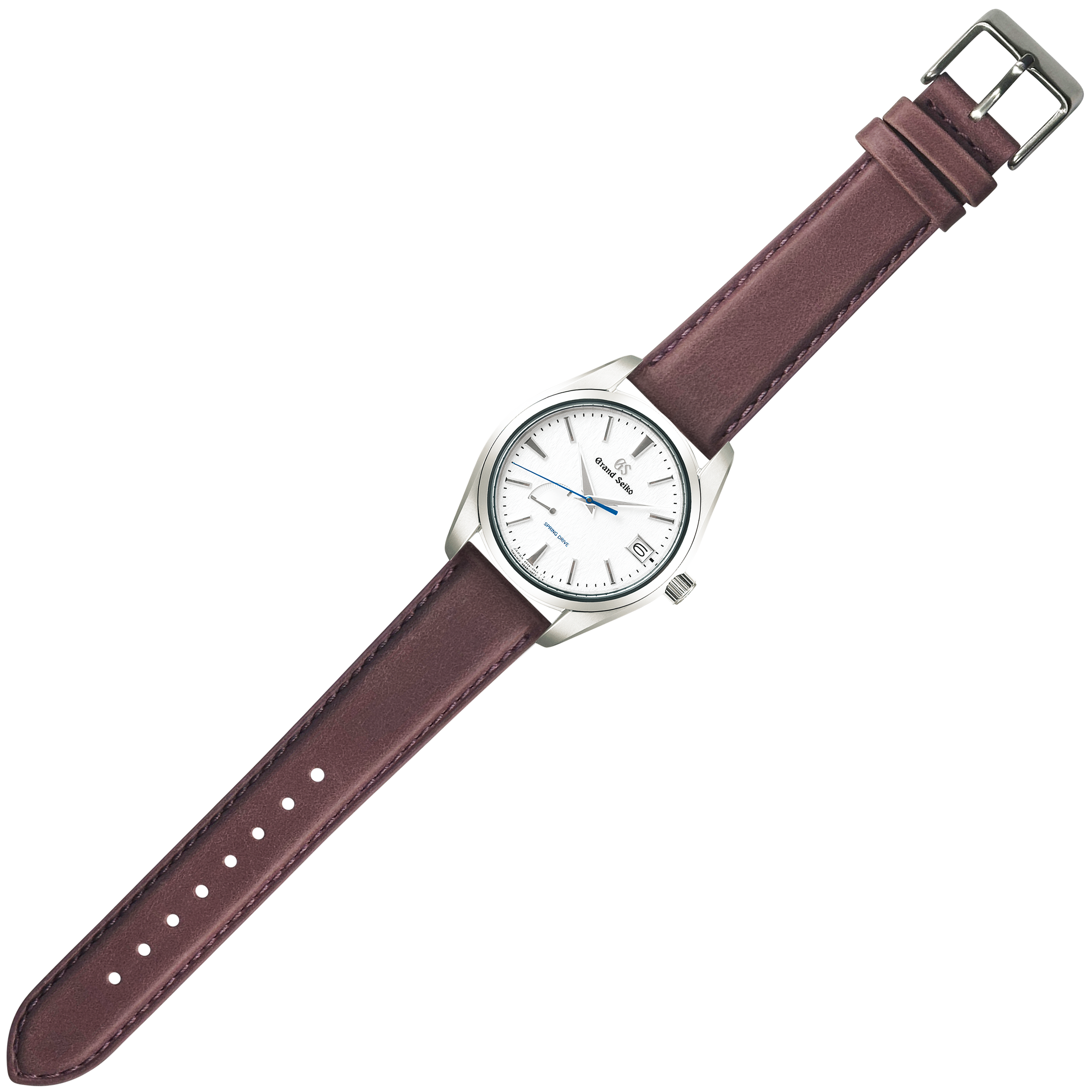 Silver watch with white dial and blue hands on padded mauve leather quick release strap