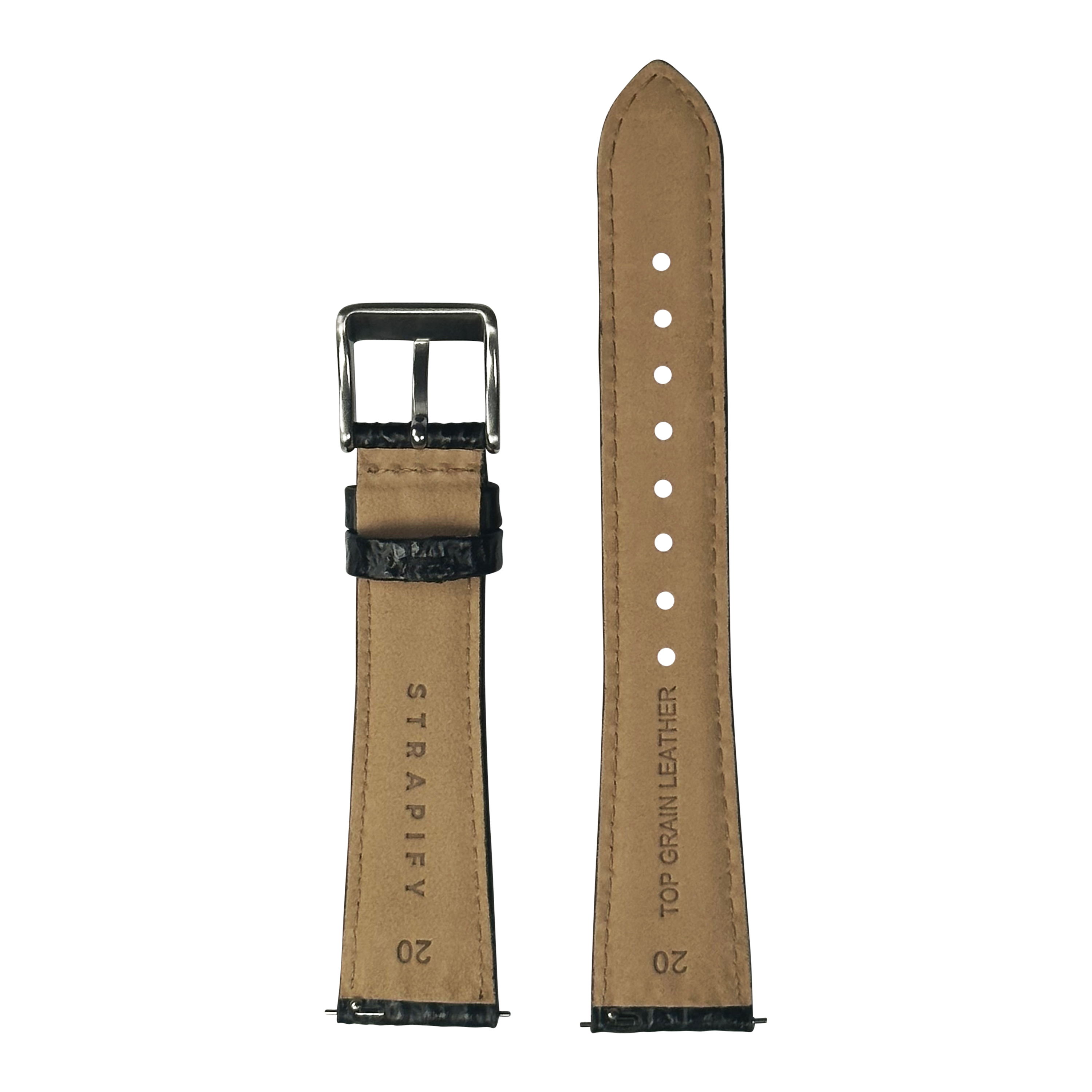 Black faux sharkskin quick release watch strap with metal buckle and adjustment holes, shown front and back view