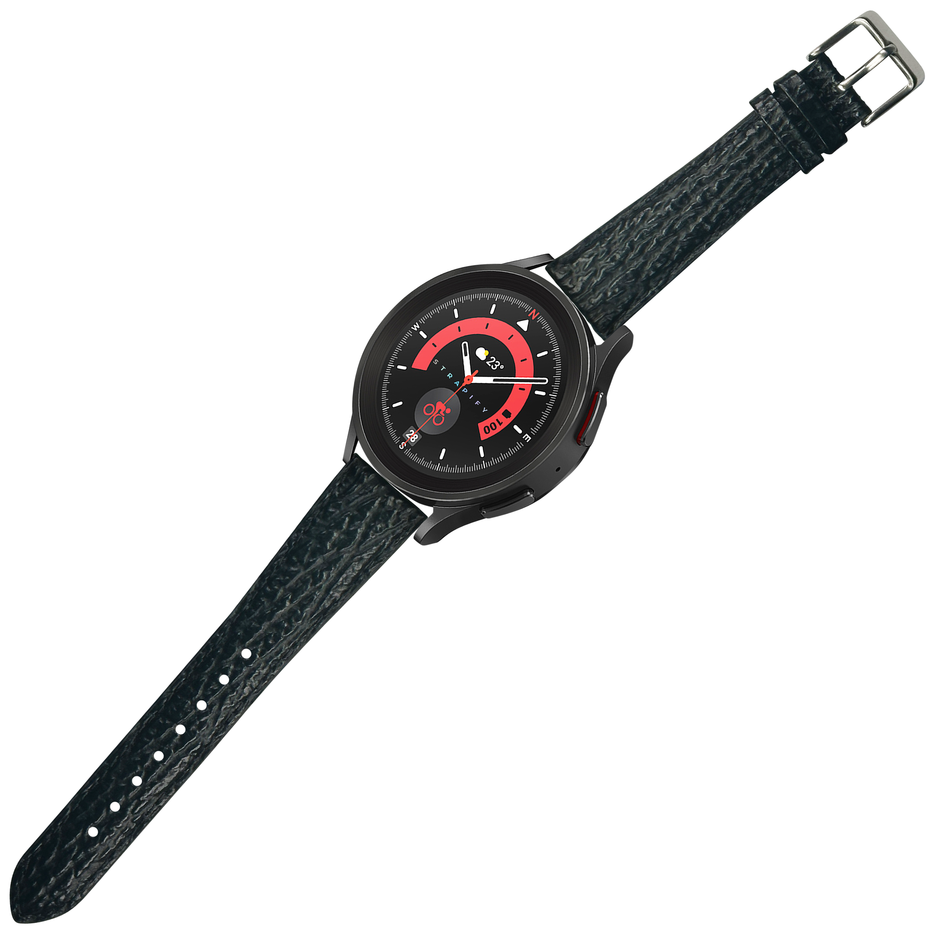 Black smartwatch with red dial, faux sharkskin leather strap, and quick release buckle on white background