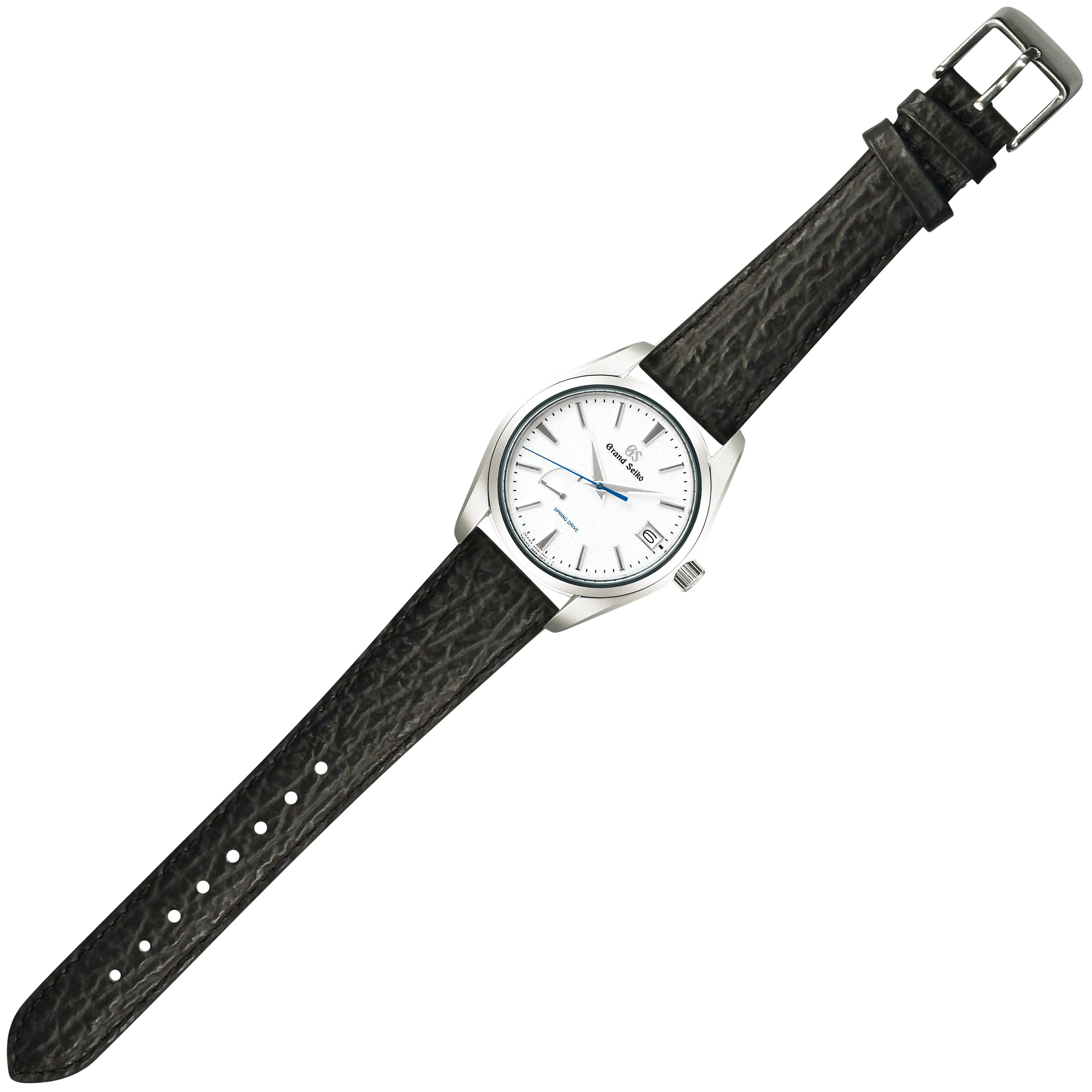 Silver watch with white dial, blue hands, and date window on black textured faux sharkskin strap with quick release buckle