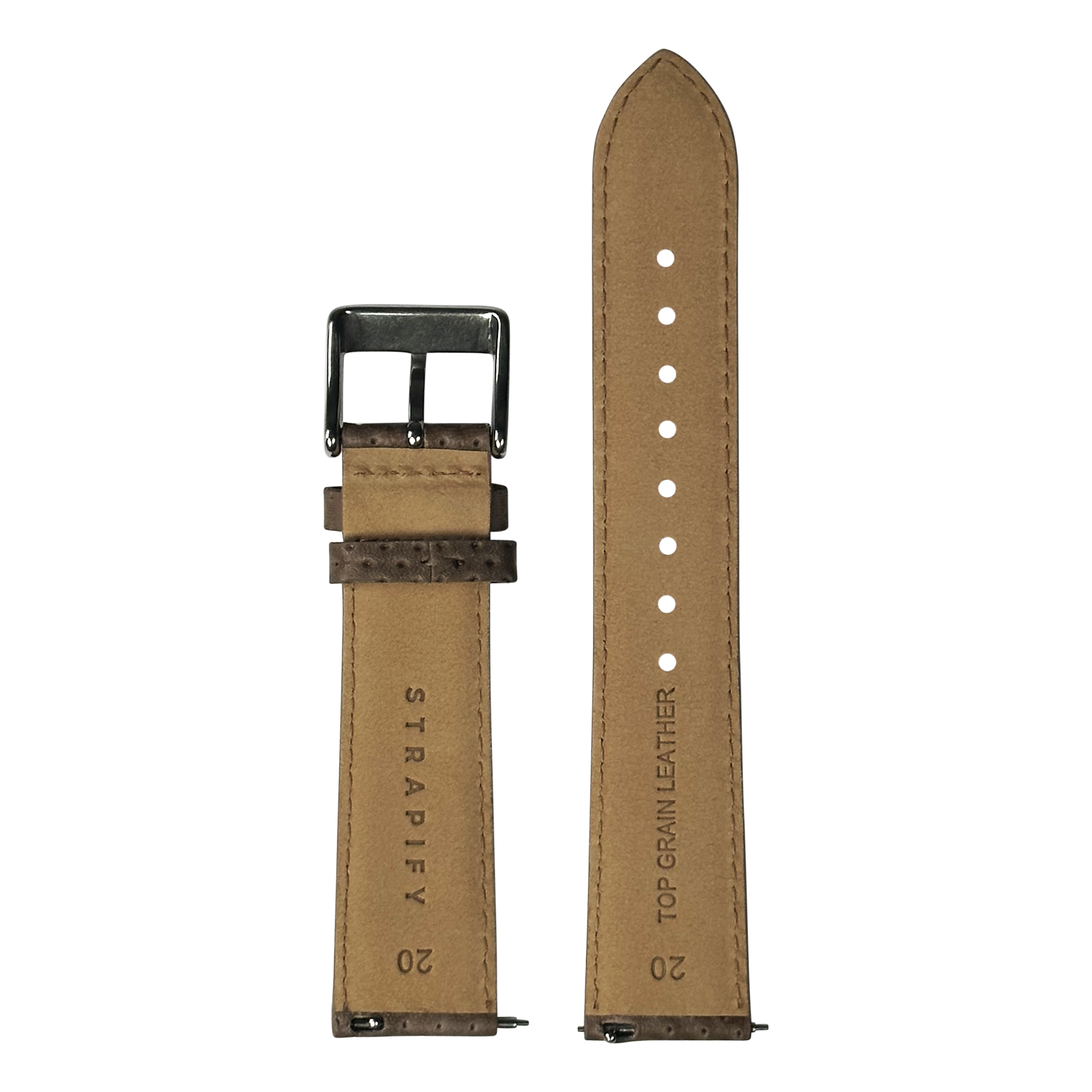Ivory brown top grain leather watch strap with quick release pins, gunmetal buckle, and perforated racing design
