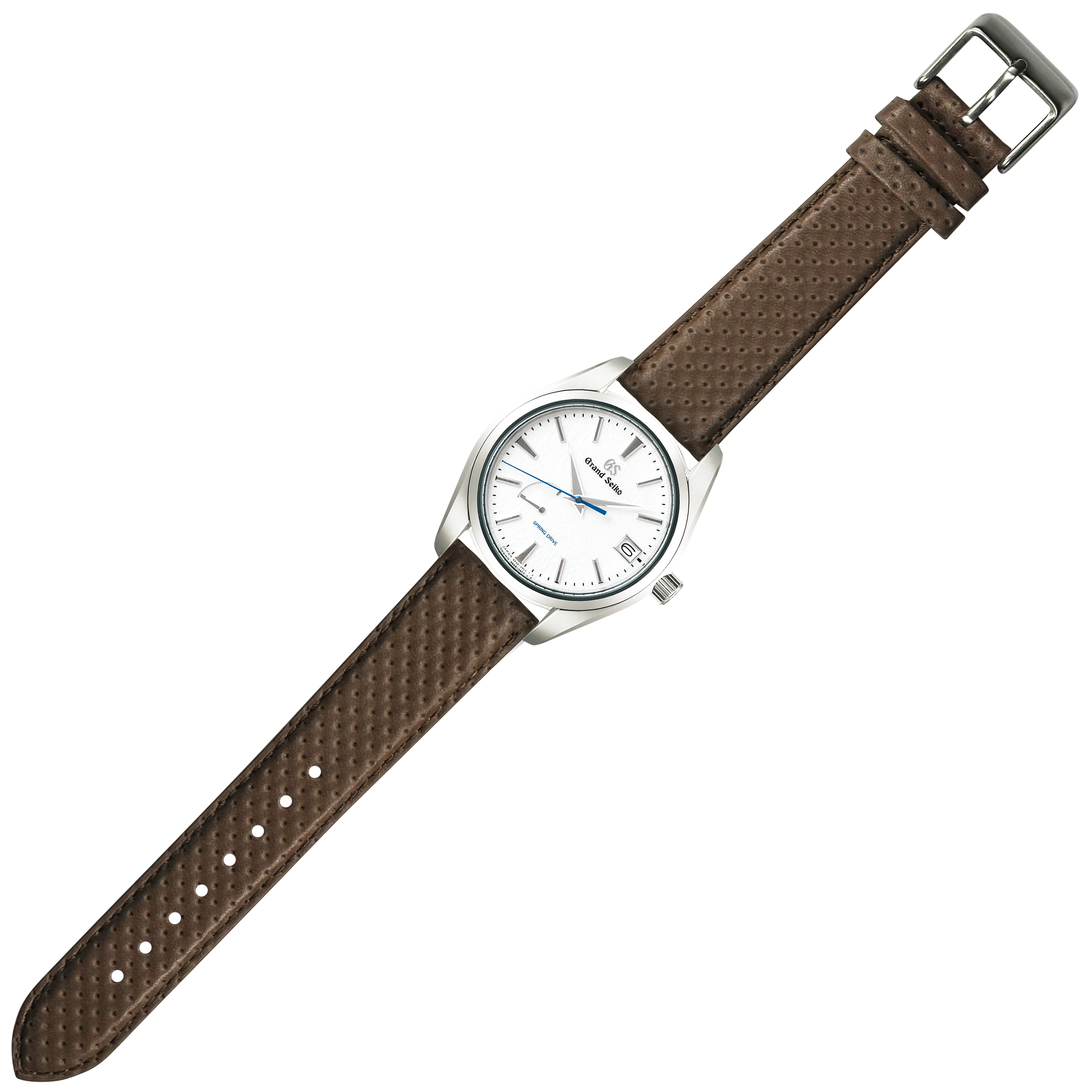 Silver-tone watch with white dial and blue hands featuring brown perforated leather quick-release racing strap