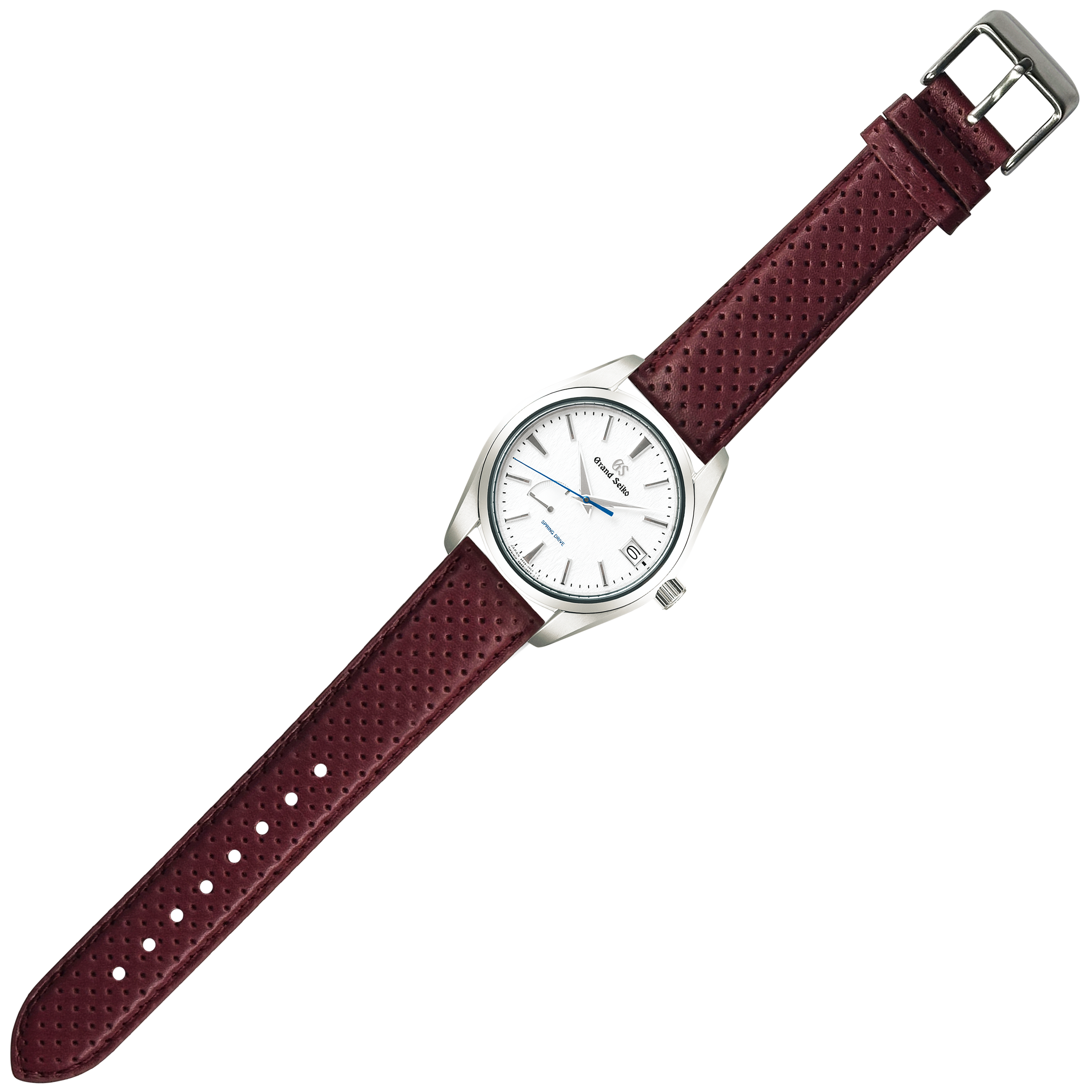 Silver-tone watch with white dial and blue hands featuring perforated maroon leather racing strap with quick release buckle