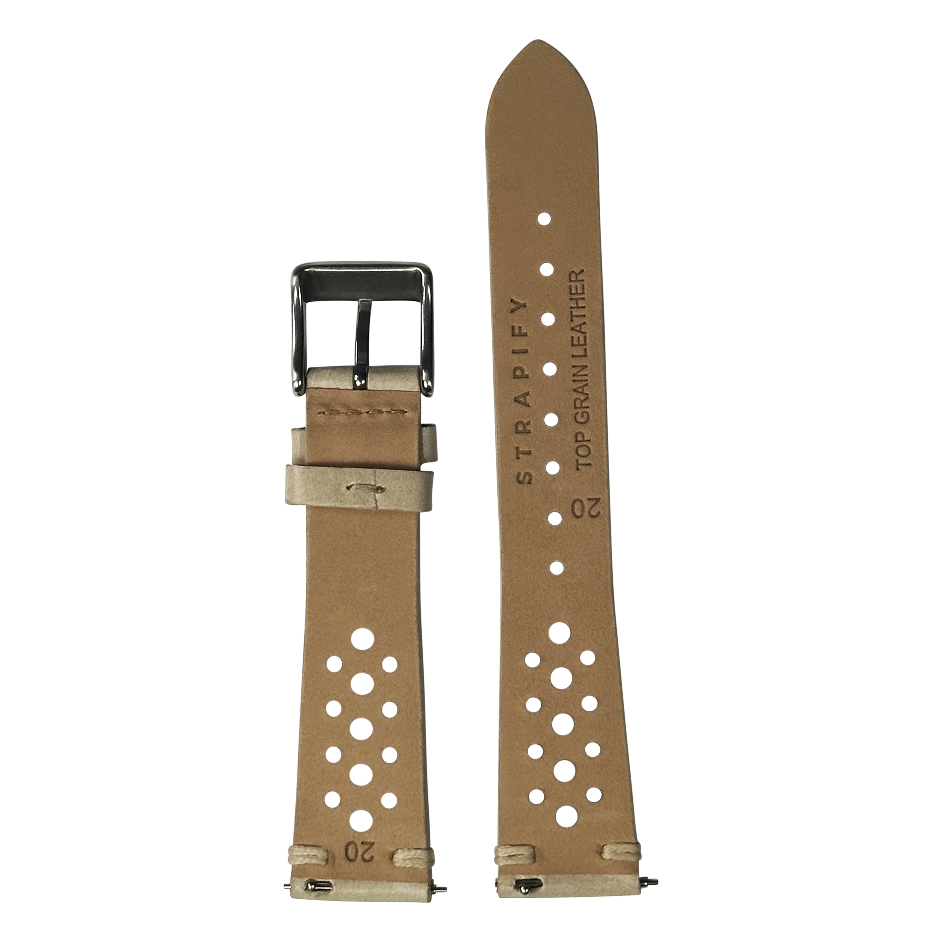 Tan leather quick release watch strap with perforated design, vintage rally style, 20mm width with metal buckle
