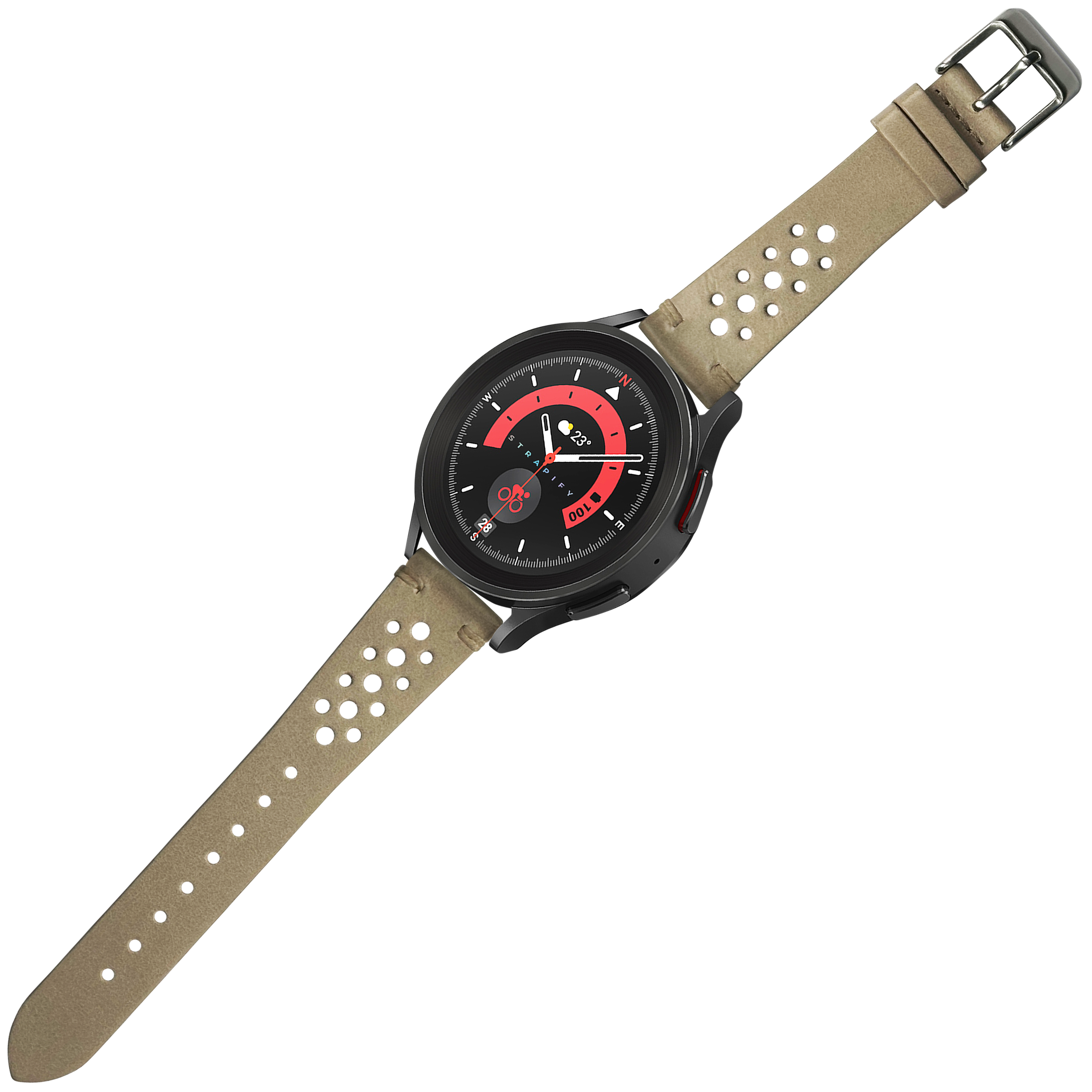 Black sport watch with red dial and cream perforated leather quick release strap