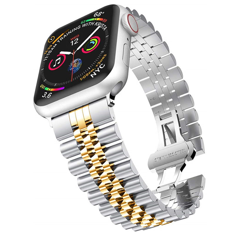 Silver and gold two-tone Apple Watch with Jubilee bracelet band and activity rings display on black digital face