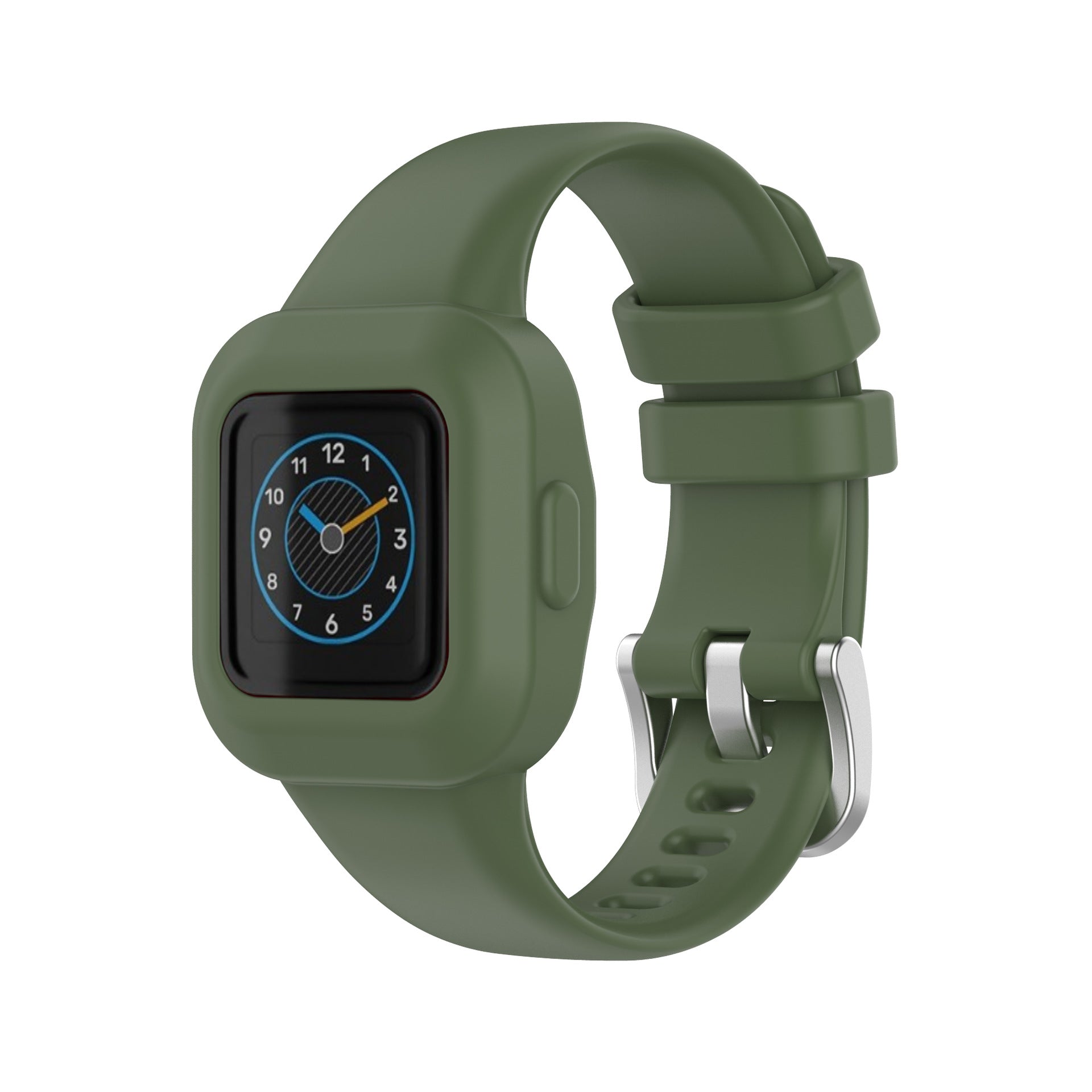 Olive green silicone smartwatch band with case for kids fitness tracker, featuring adjustable strap and silver buckle
