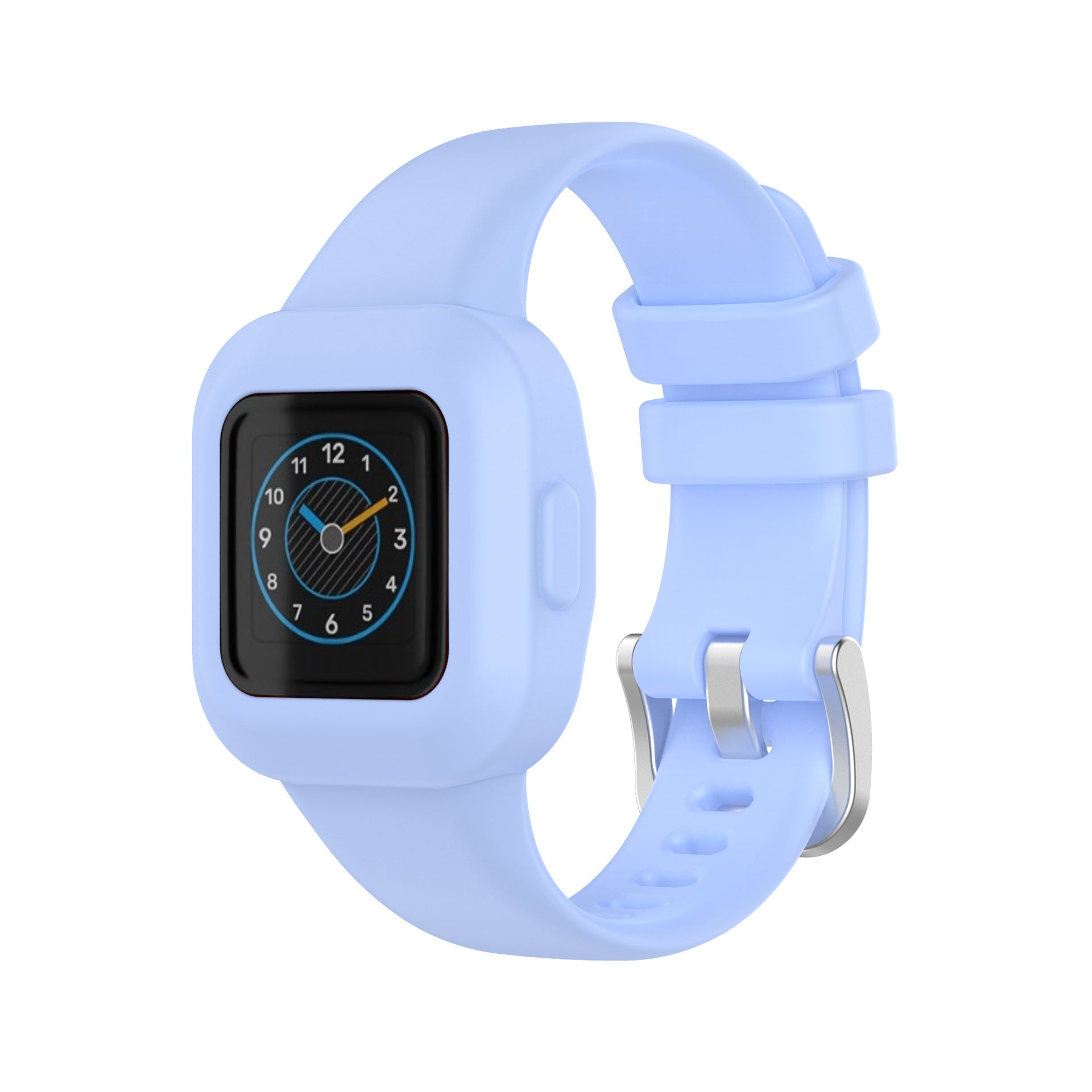 Periwinkle silicone band and case for Garmin VivoFit JR 3 kids smartwatch with analog clock face display