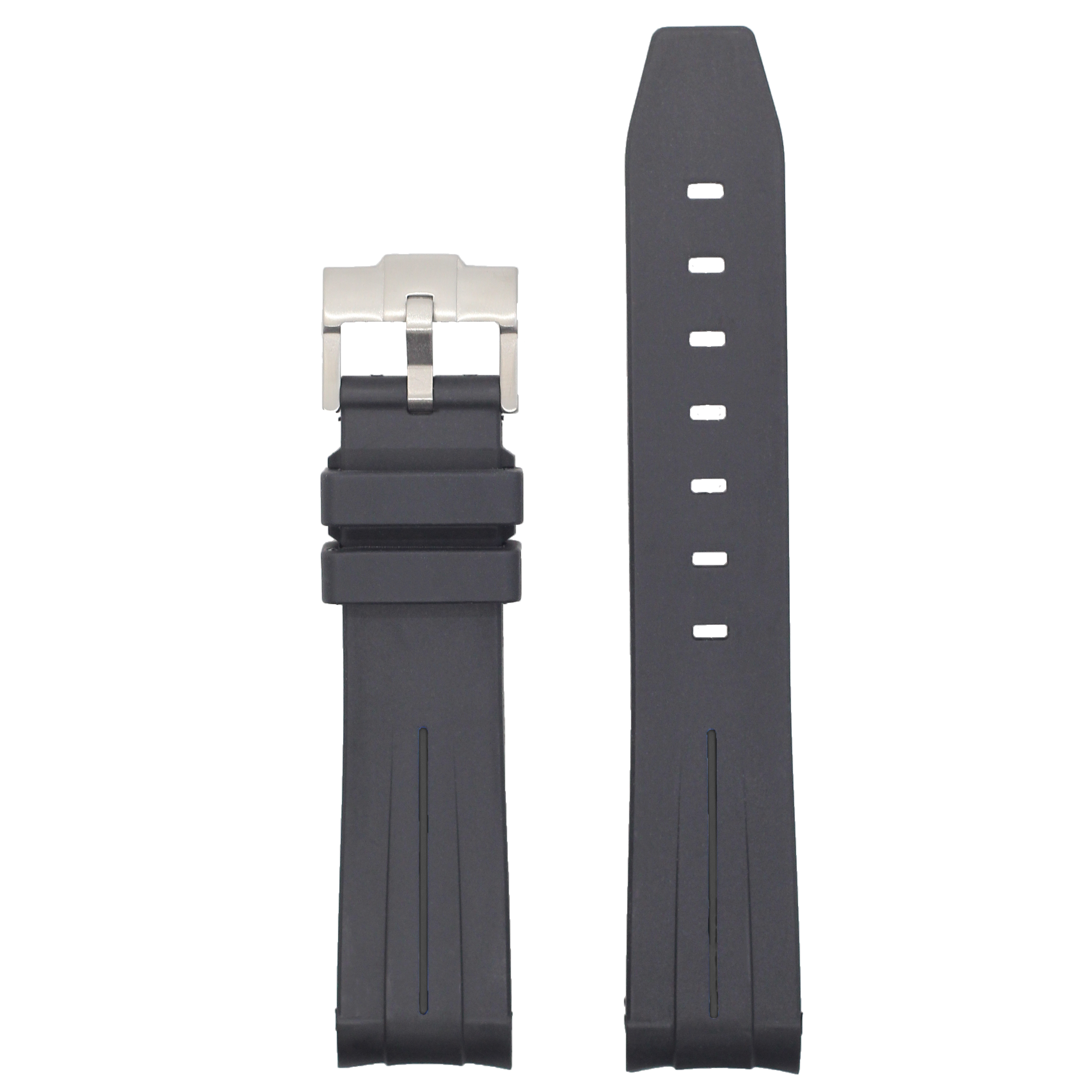 Black curved rubber watch strap with silver buckle and adjustment holes, displayed assembled and separately